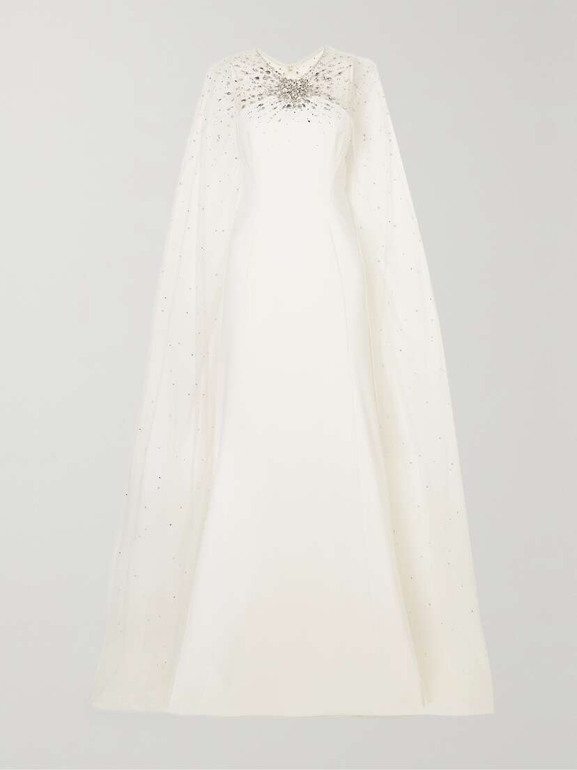 Jenny Packham Cape-effect Embellished Tulle And Crepe Gown