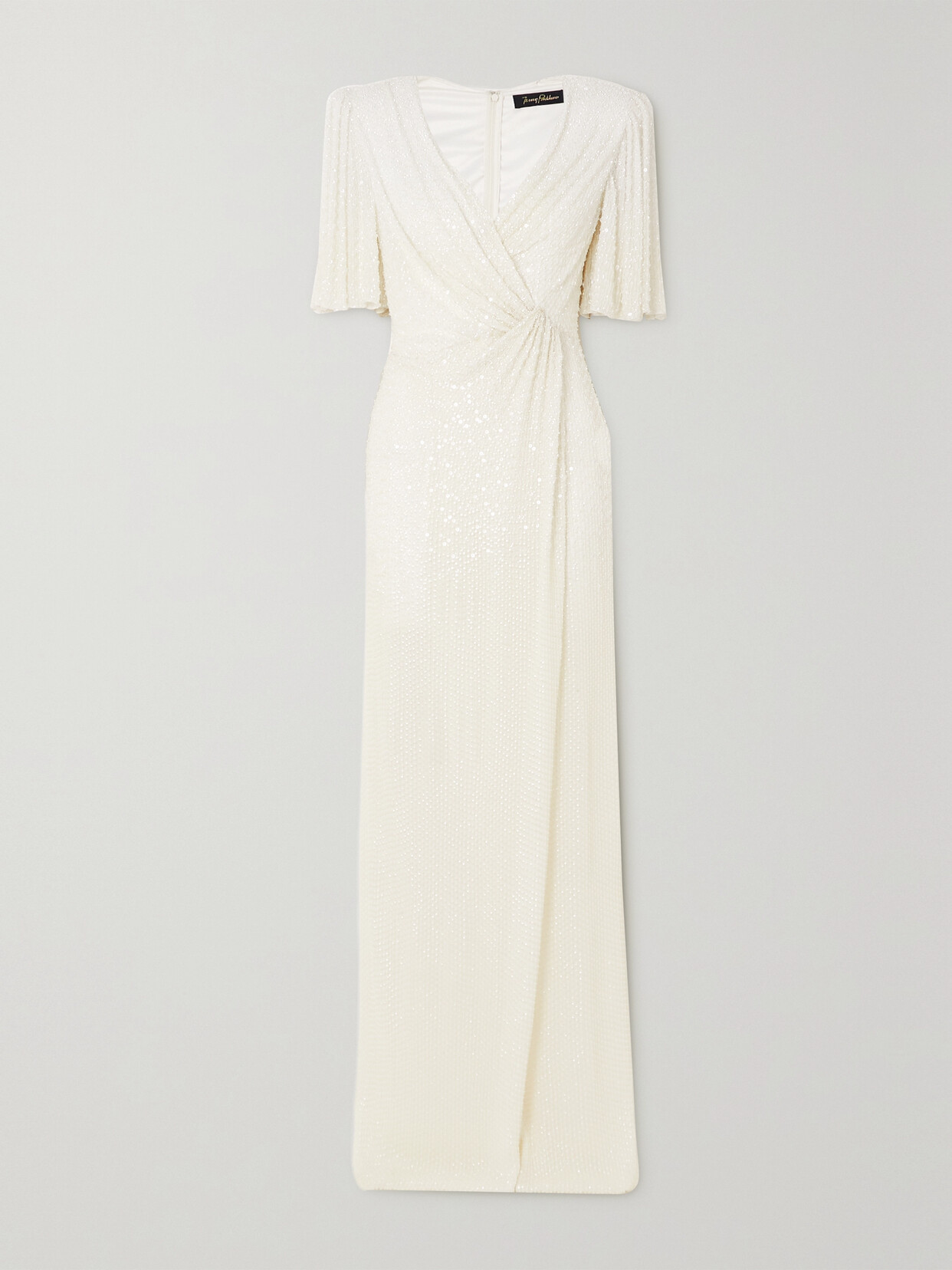 Jenny Packham Draped Wrap-effect Embellished Chiffon Gown In White