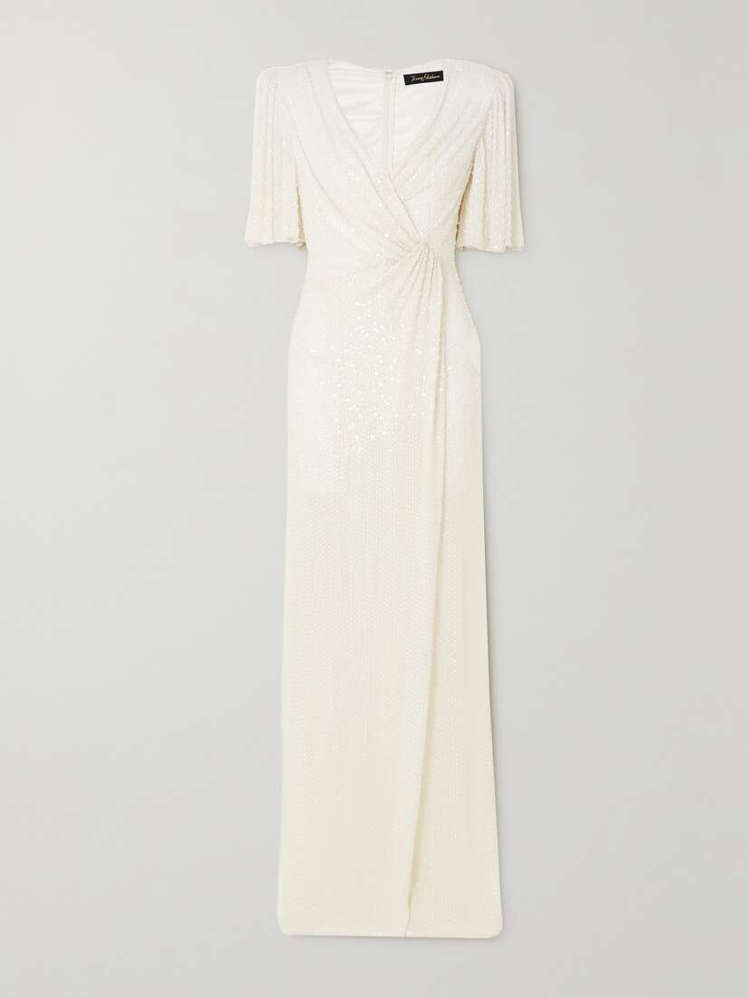 Jenny Packham Draped Wrap-effect Embellished Chiffon Gown - UK 18