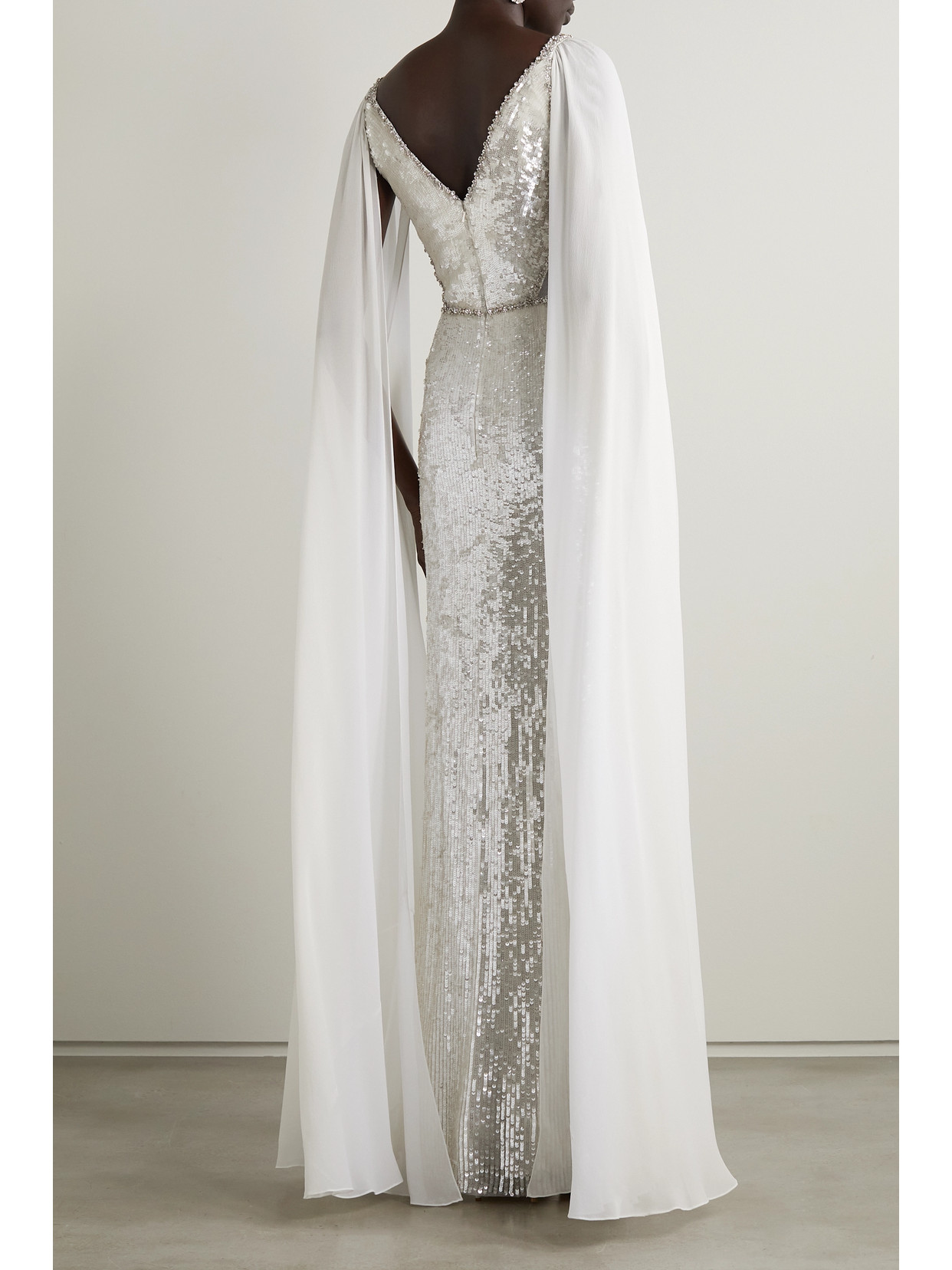 Jenny Packham Cape-effect Embellished Tulle And Chiffon Gown In White