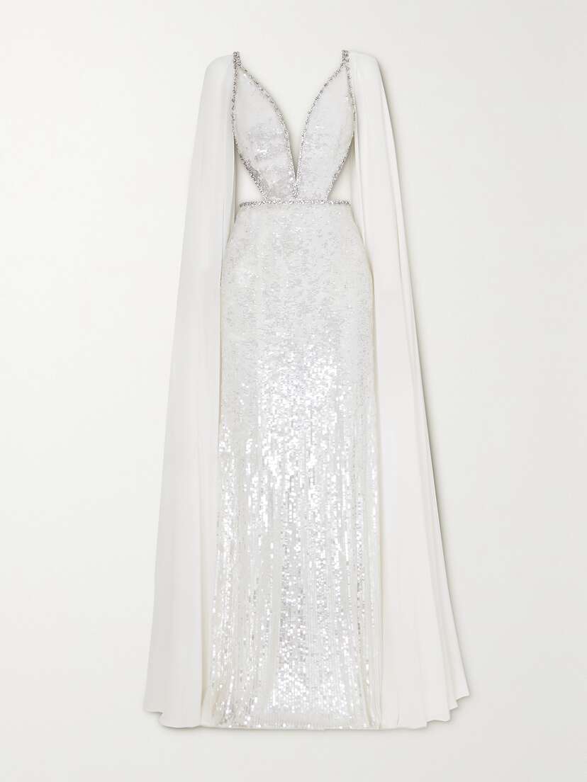 Jenny Packham Cape-effect Embellished Tulle And Chiffon Gown
