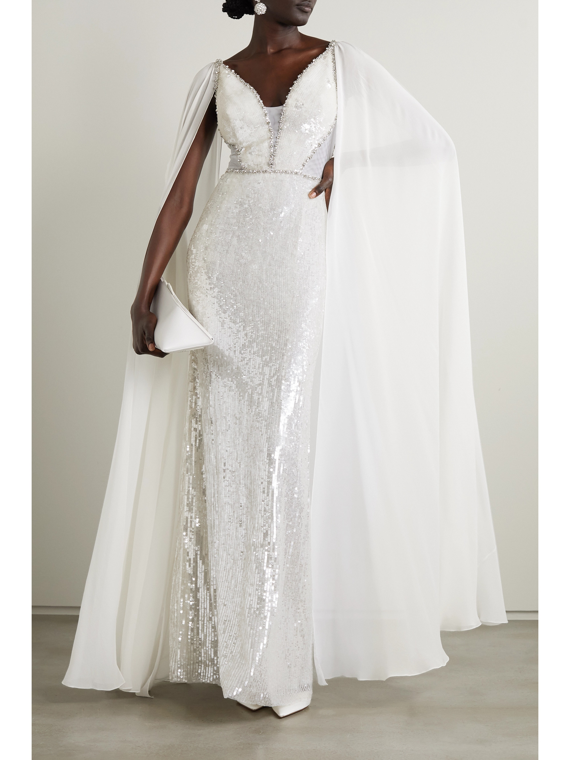 Jenny Packham Cape-effect embellished tulle and chiffon gown