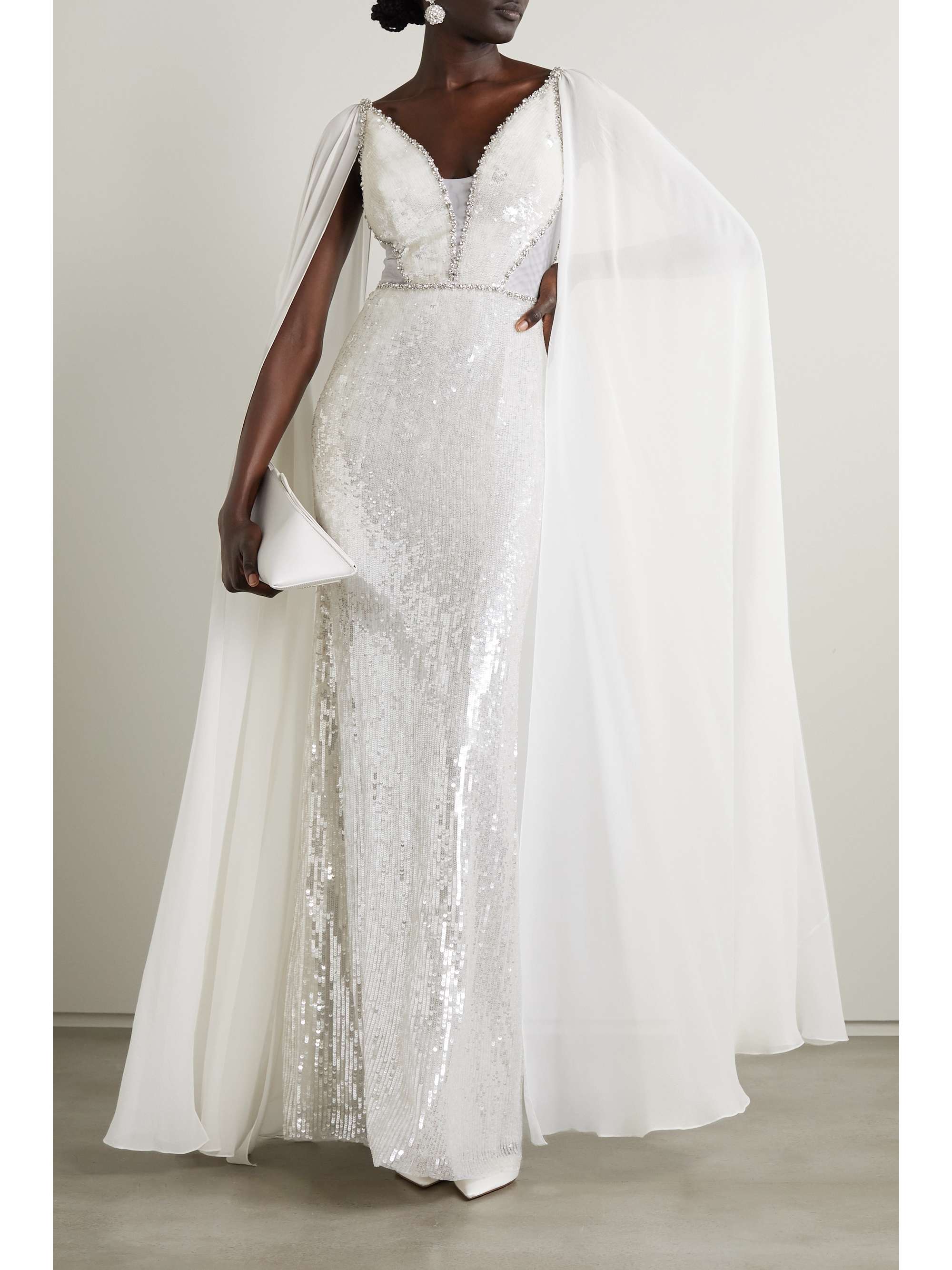 JENNY PACKHAM Cape-effect embellished tulle and chiffon gown