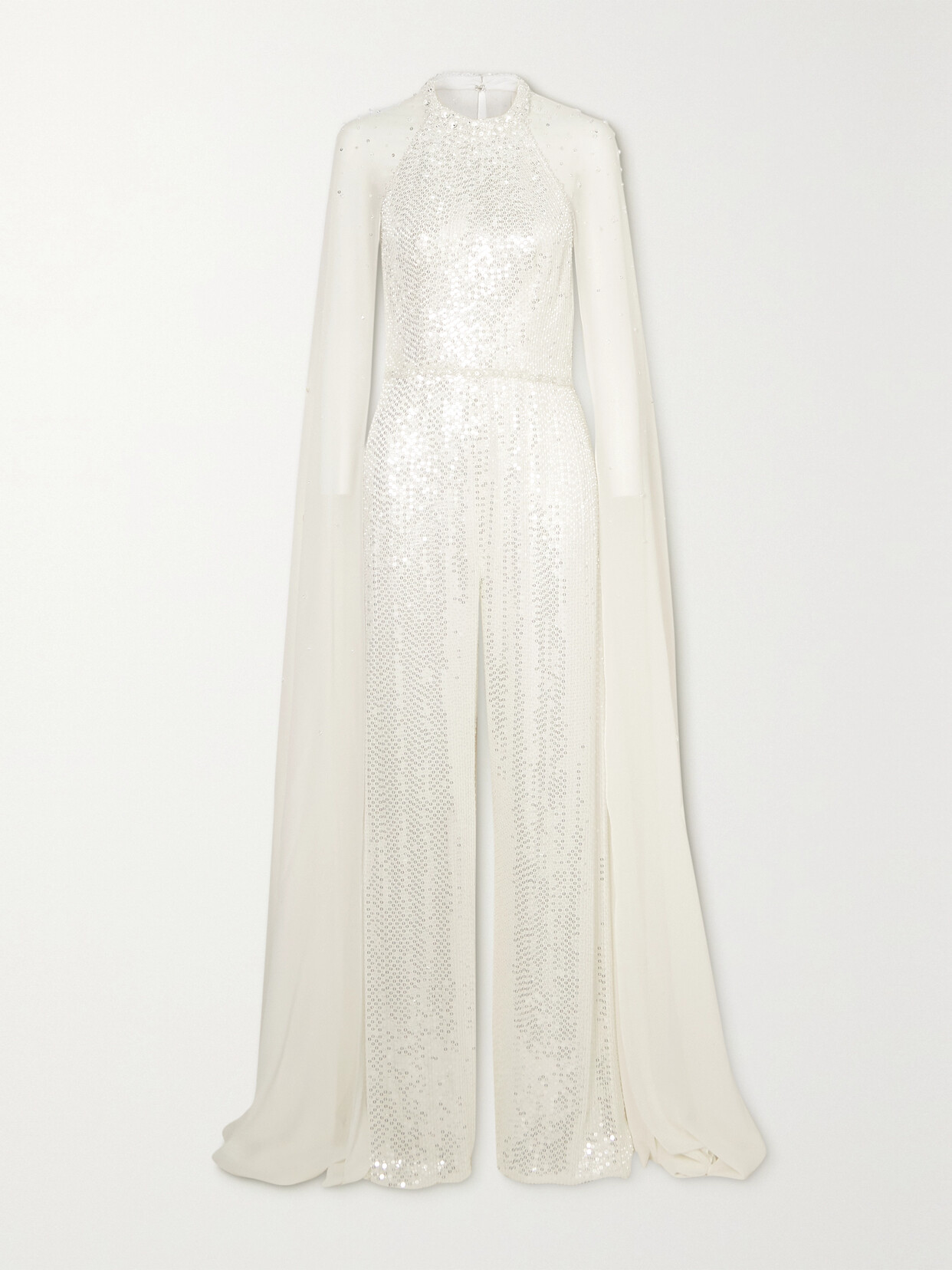 Jenny Packham Cape-effect Sequined Chiffon Jumpsuit In White