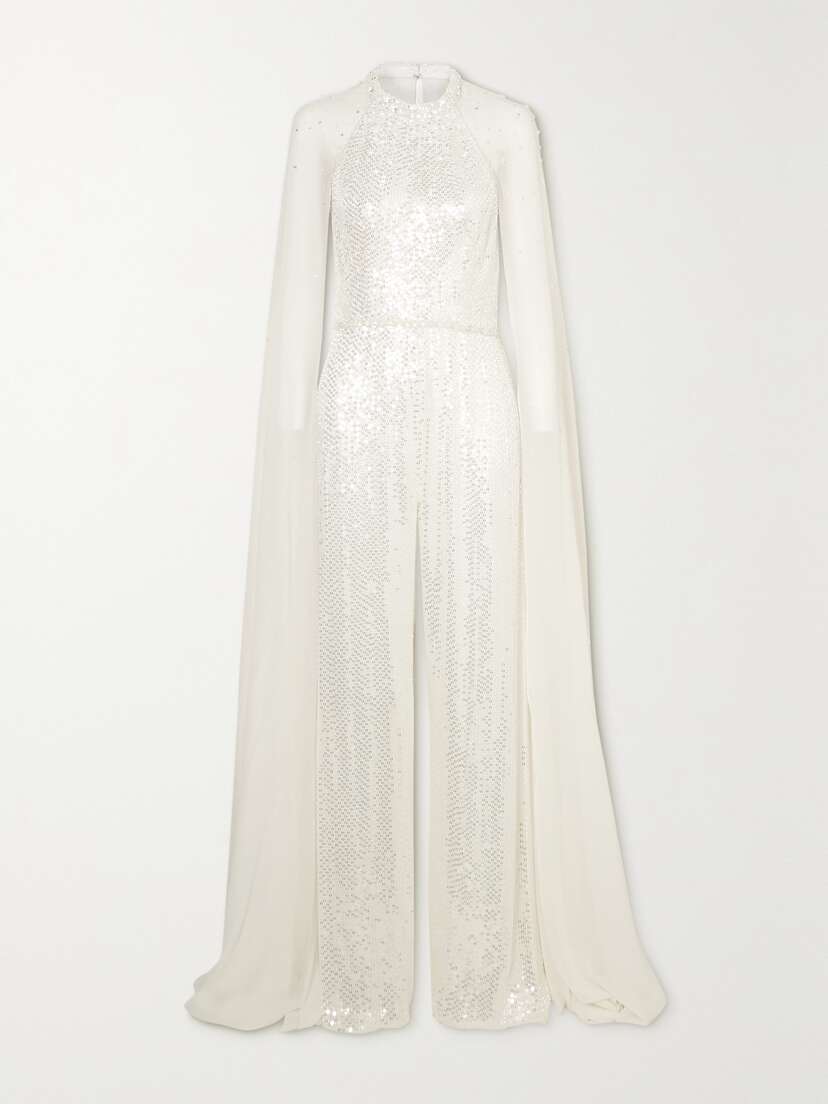Jenny Packham Cape-effect Sequined Chiffon Jumpsuit