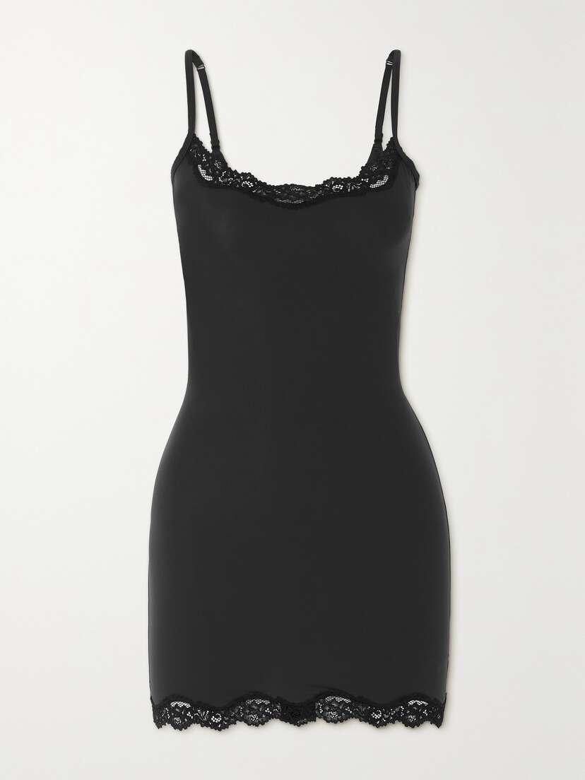 Skims Fits Everybody Lace-trimmed Stretch Slip Dress - Onyx