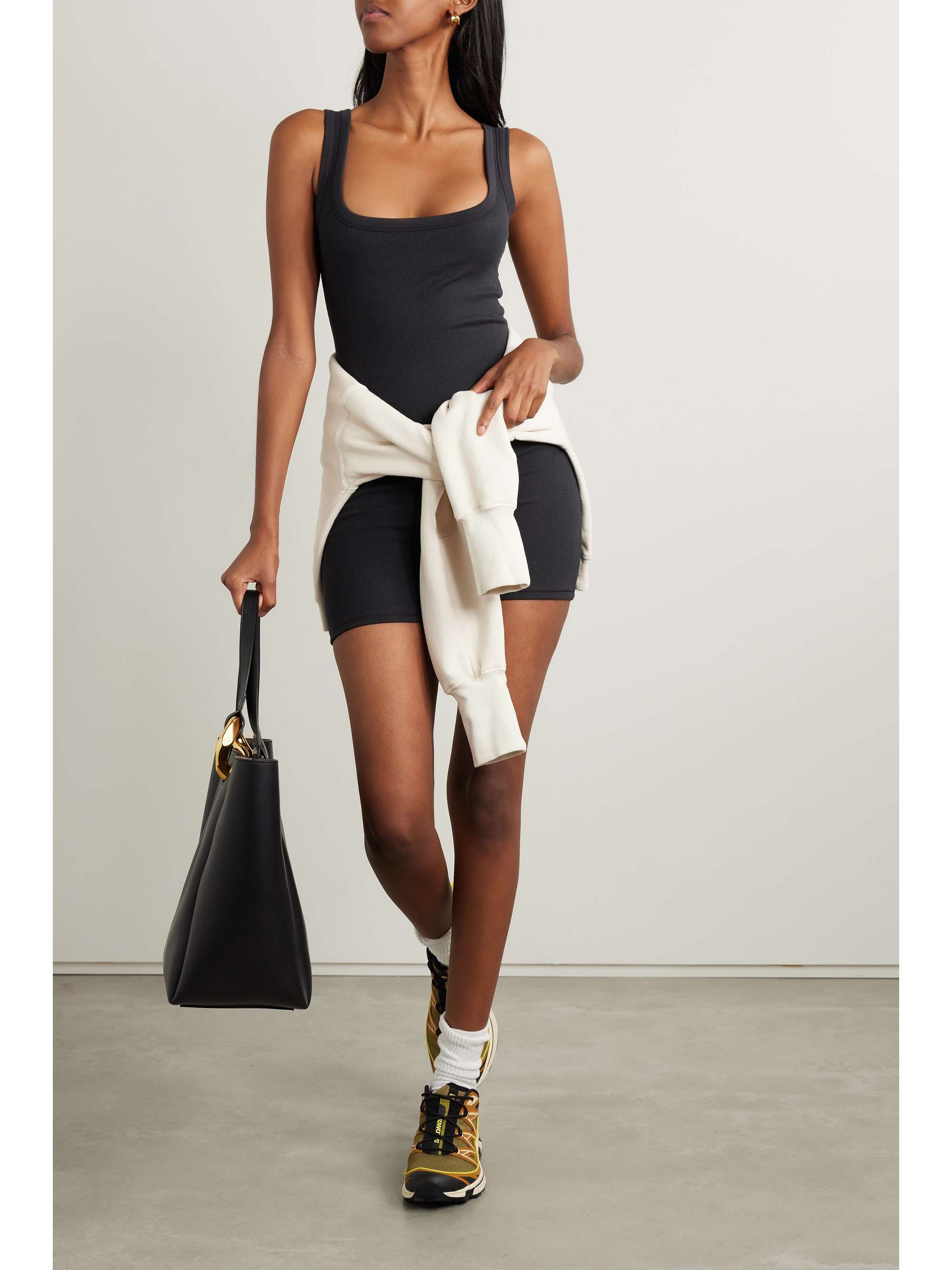 SKIMS Ribbed stretchcotton jersey playsuit Soot NETAPORTER