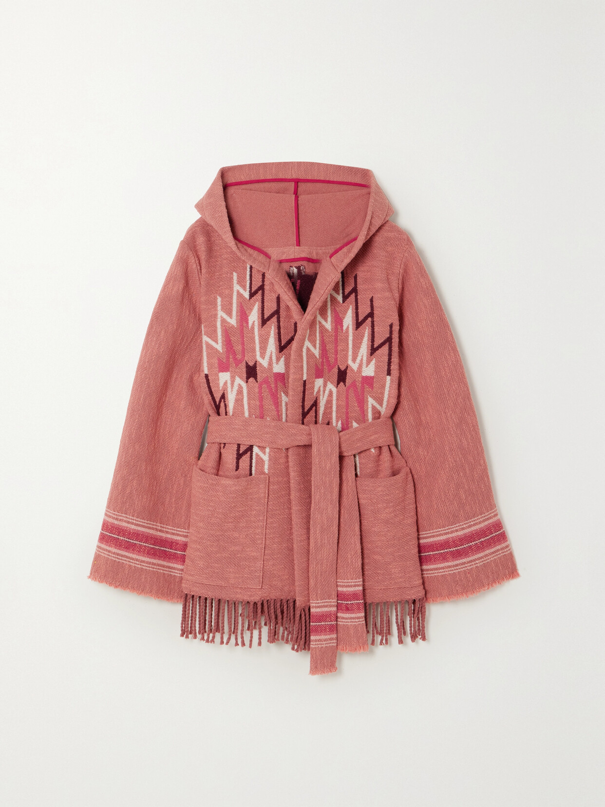 Fortela - Felipa Belted Hooded Fringed Wool-blend Jacquard Cardigan - Pink