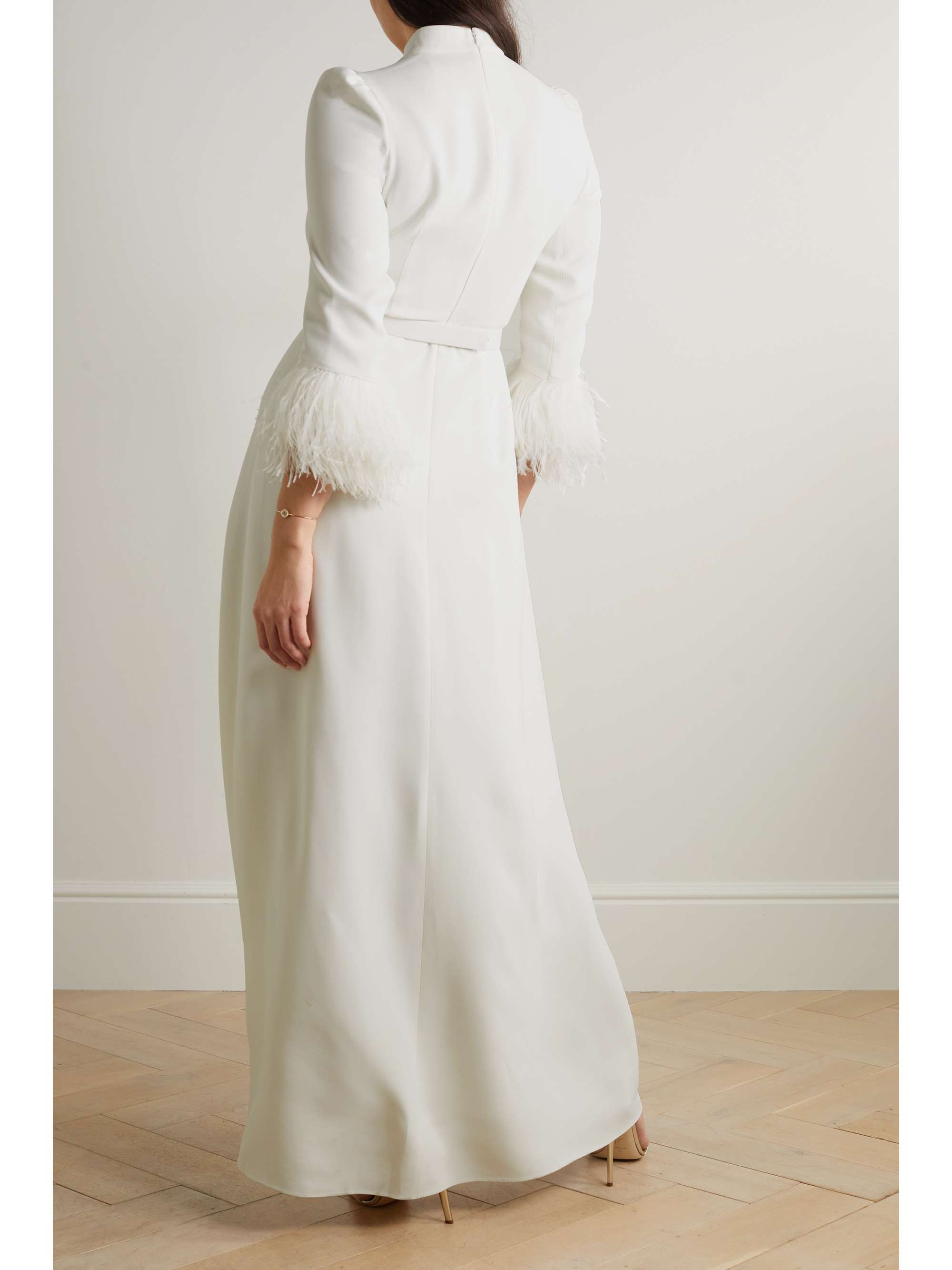 ANDREW GN Belted crystal and feather-embellished crepe gown
