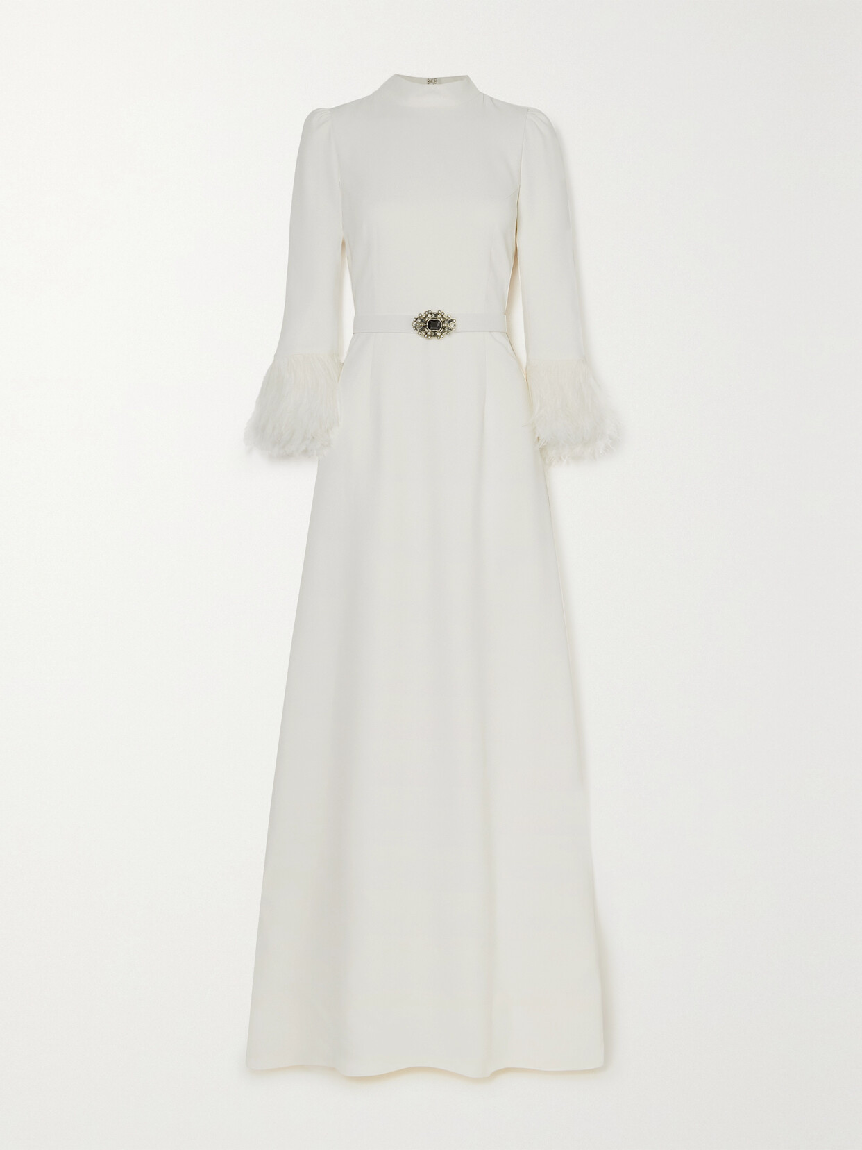 Andrew Gn Belted Crystal And Feather-embellished Crepe Gown In Off-white