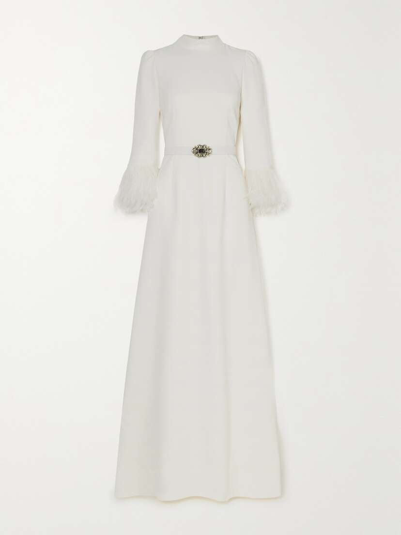 Andrew Gn Belted Crystal And Feather-embellished Crepe Gown