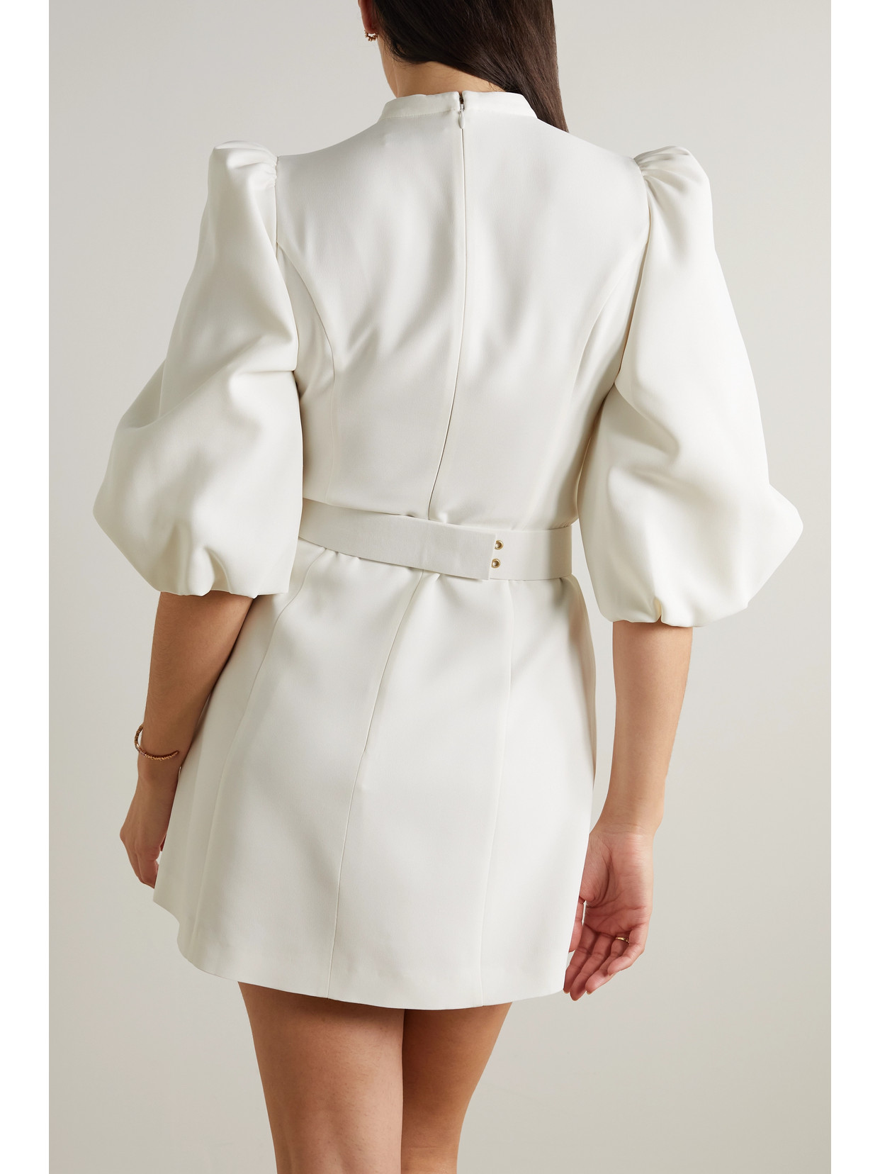 Shop Andrew Gn Belted Crystal-embellished Crepe Mini Dress In Off-white