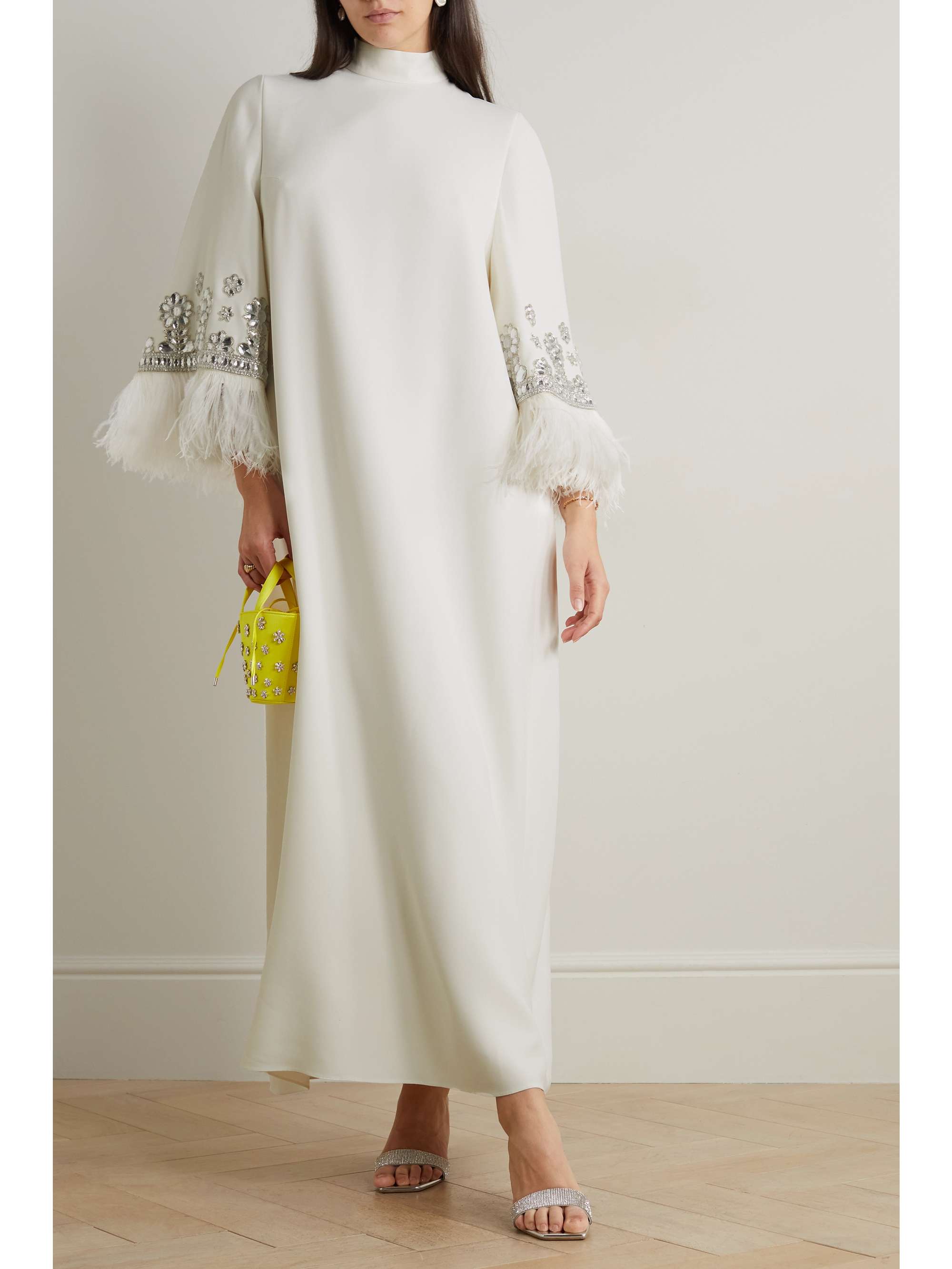 ANDREW GN Feather and crystal-embellished crepe gown