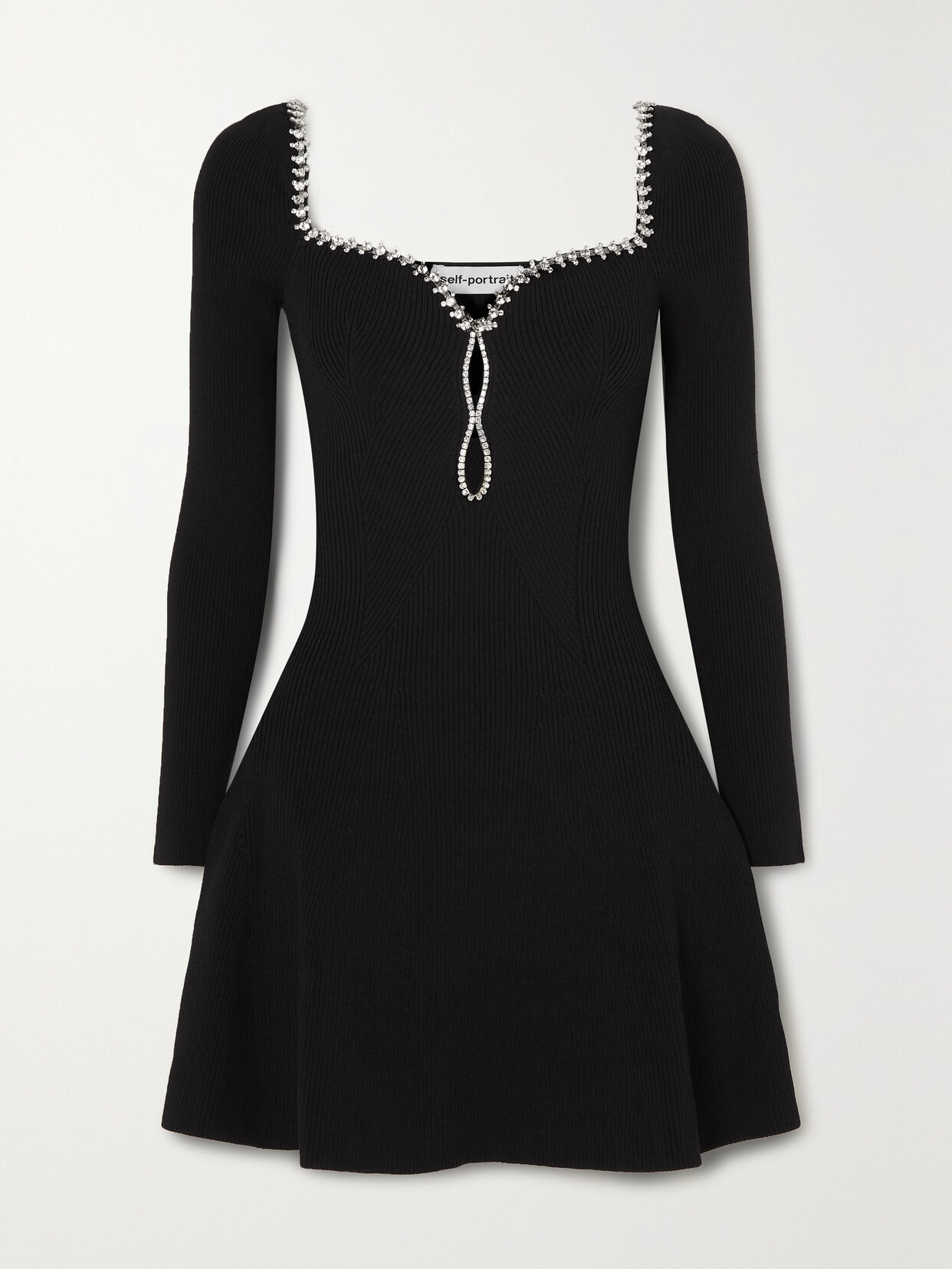 Self-portrait Rib-knit Diamante-trim Mini Dress In Black