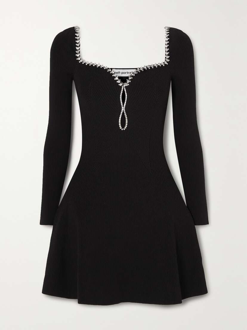 Self-Portrait Cutout Crystal-embellished Ribbed-knit Mini Dress - x large