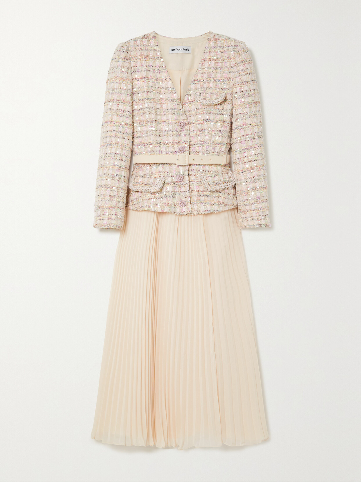 Self-Portrait - Belted Sequin-embellished Bouclé-tweed And Pleated Chiffon Midi Dress - Pink