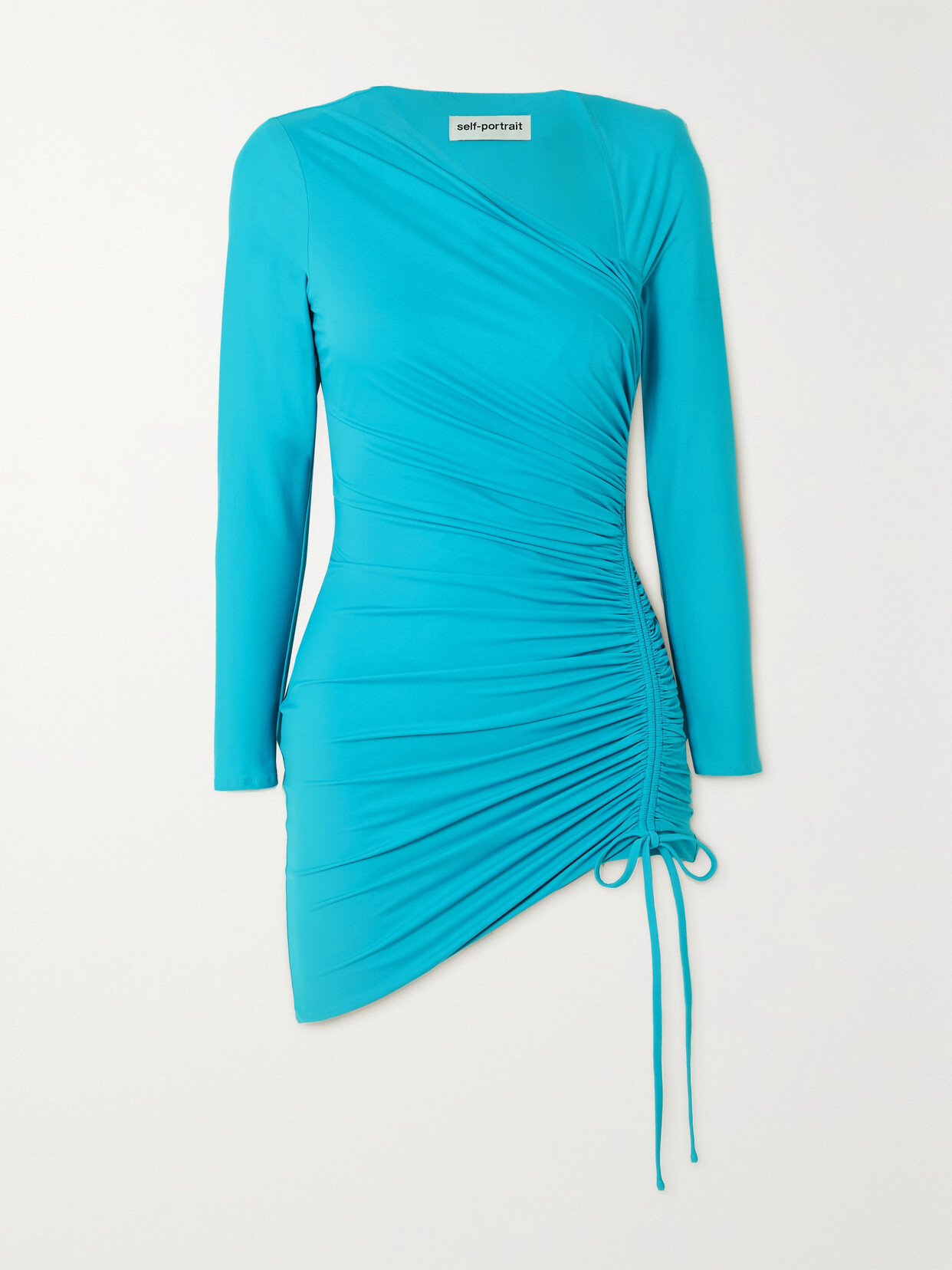 Self-portrait Asymmetric Ruched Stretch-jersey Mini Dress In Blue