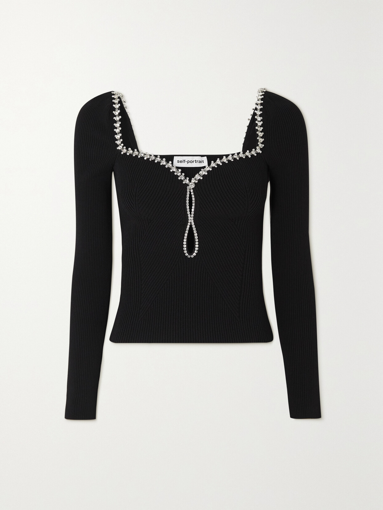 SELF-PORTRAIT CRYSTAL-EMBELLISHED CUTOUT RIBBED-KNIT TOP