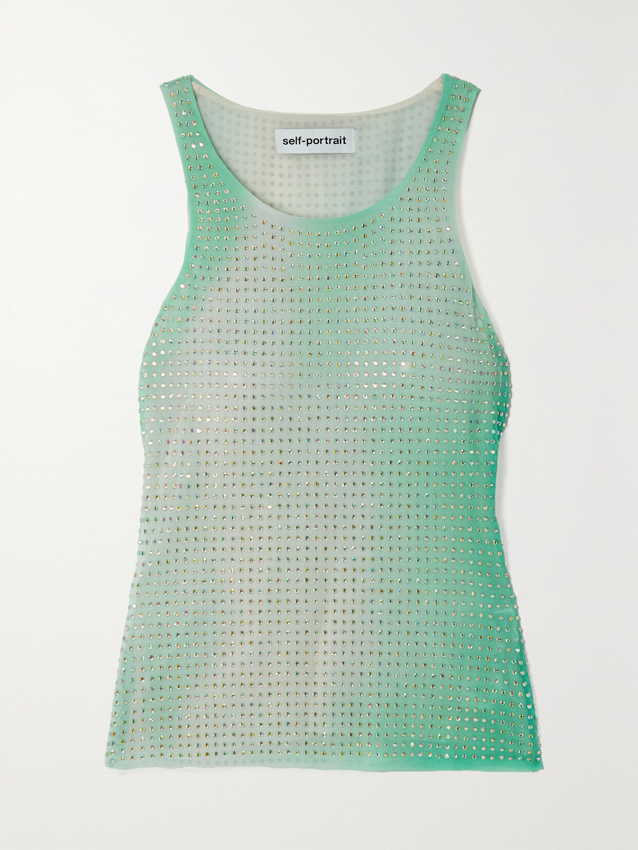 Self-Portrait - Crystal-embellished Printed Stretch-mesh Tank - Green