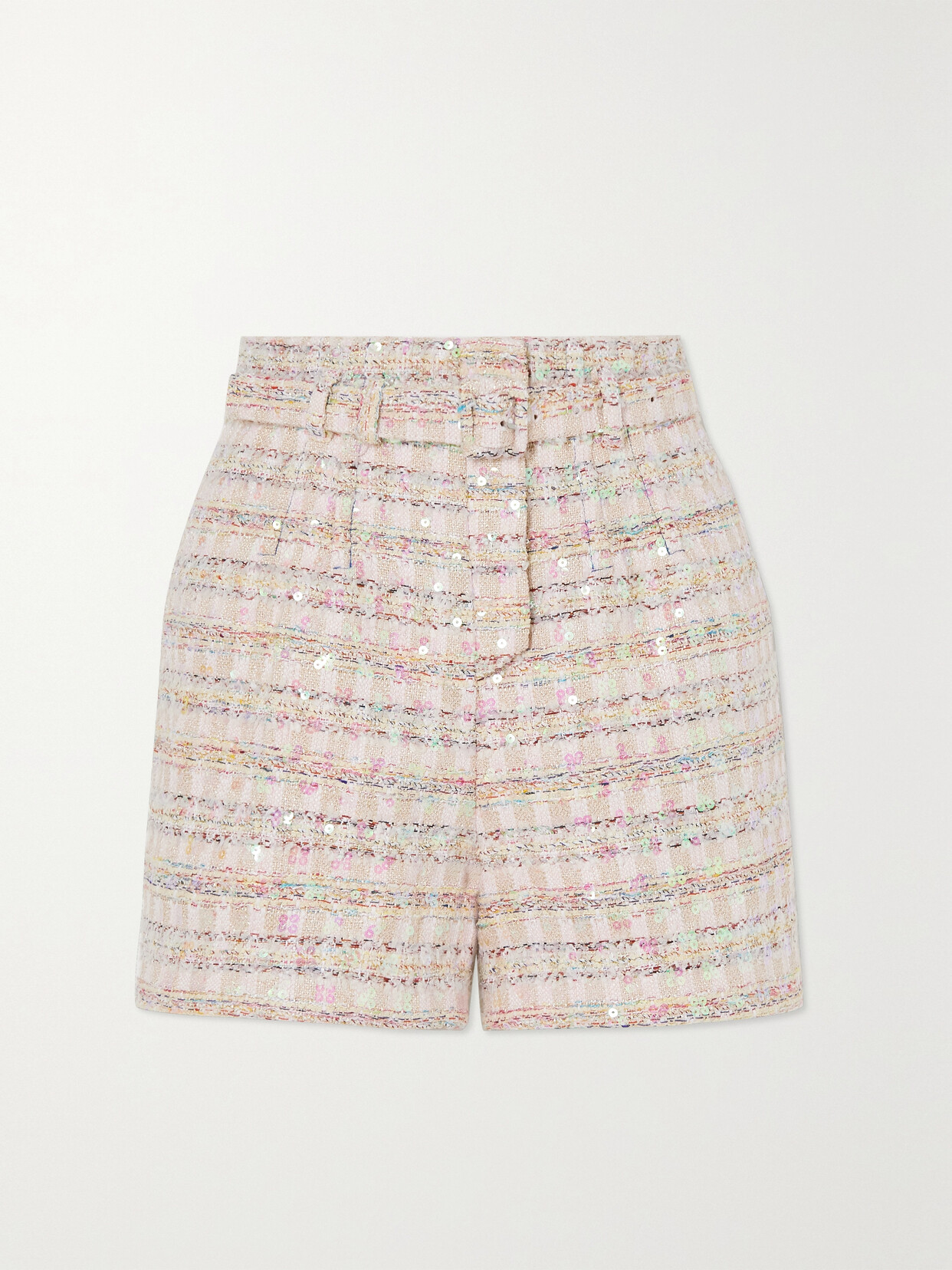 Self-Portrait - Belted Sequined Bouclé Shorts - Pink