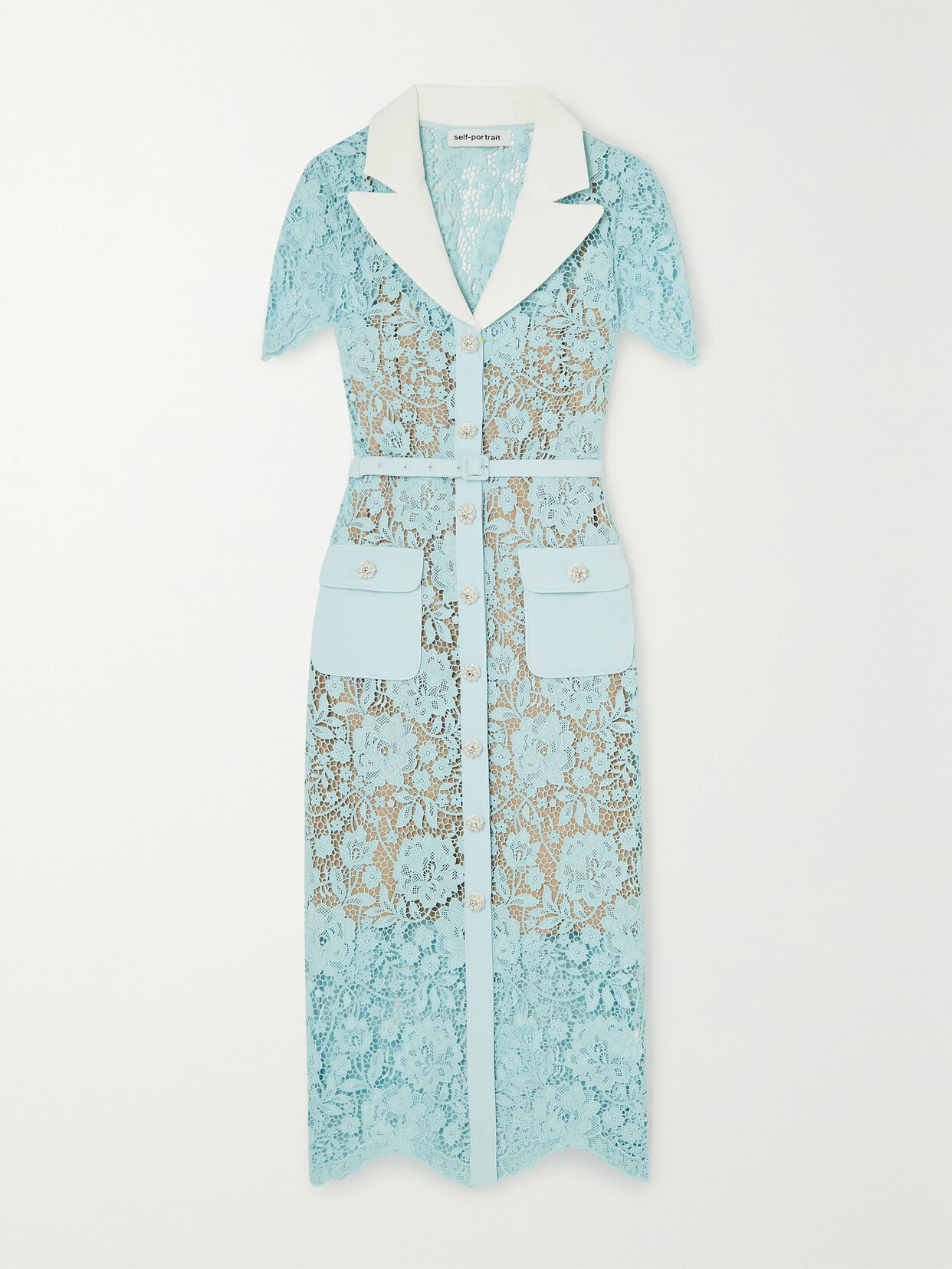 Self-Portrait - Belted Crepe-trimmed Corded Guipure Lace Shirt Dress - Blue