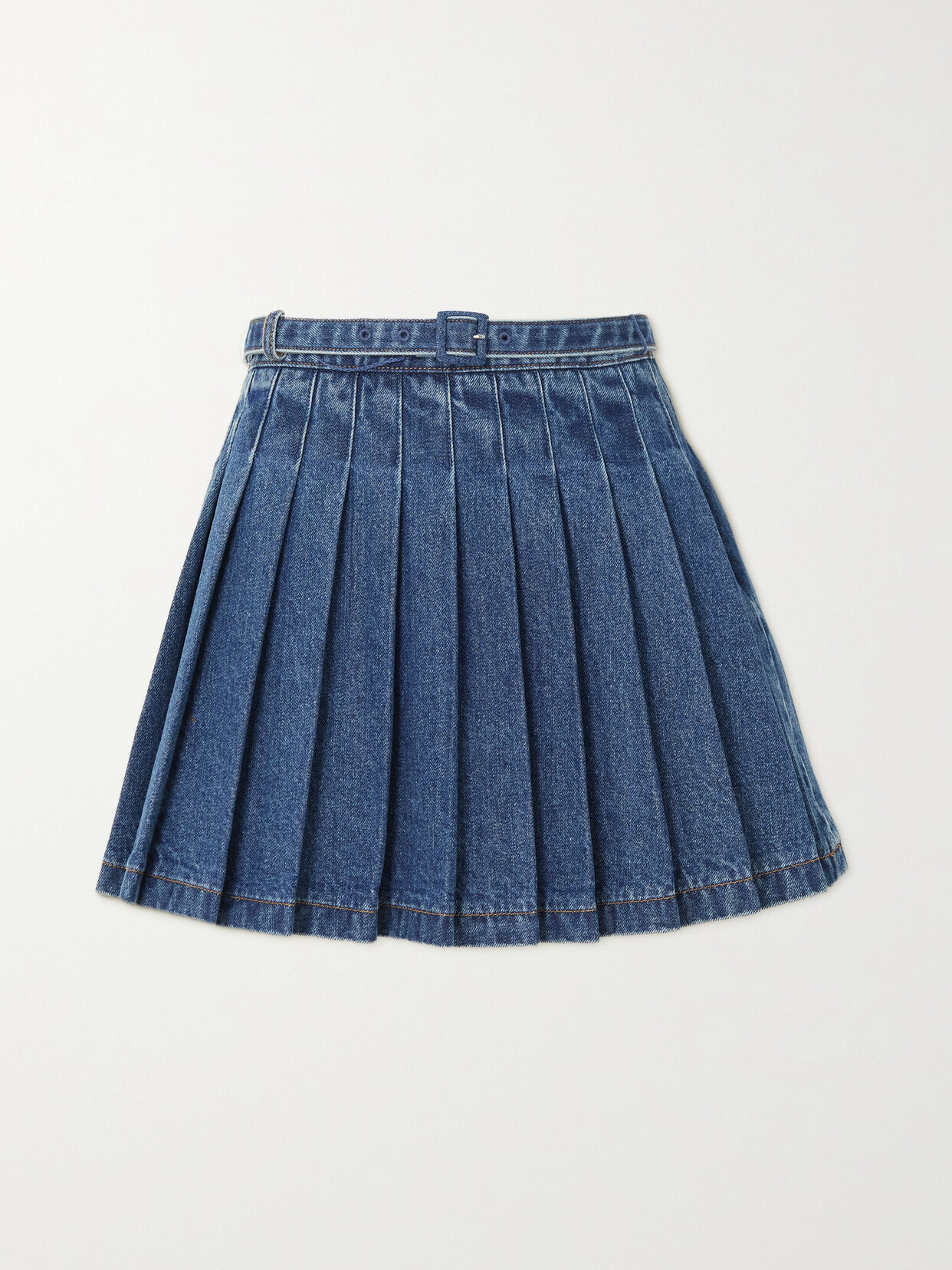 Self-Portrait - Belted Pleated Denim Mini Skirt - Blue