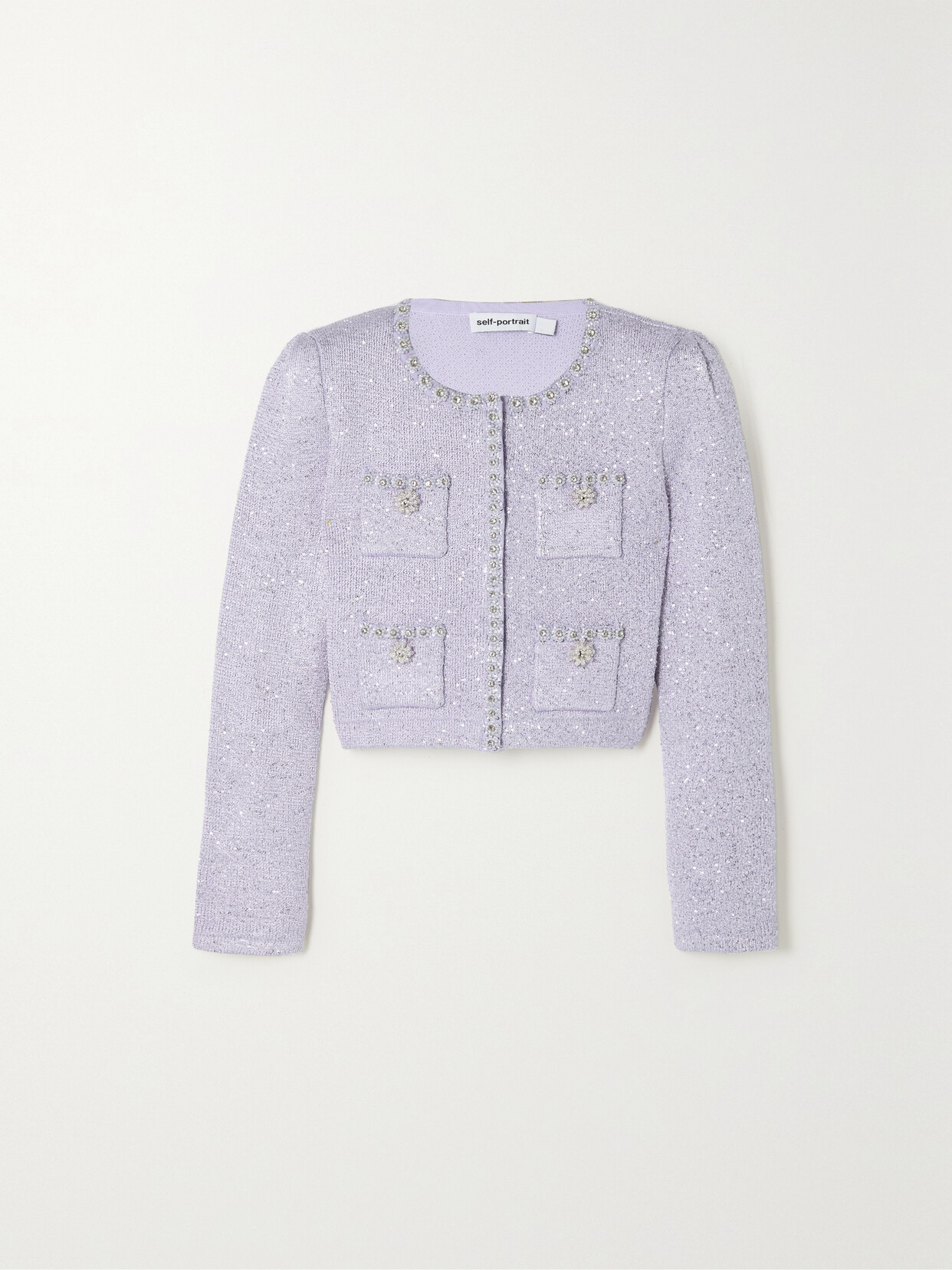 SELF-PORTRAIT CROPPED CRYSTAL-EMBELLISHED METALLIC KNITTED CARDIGAN