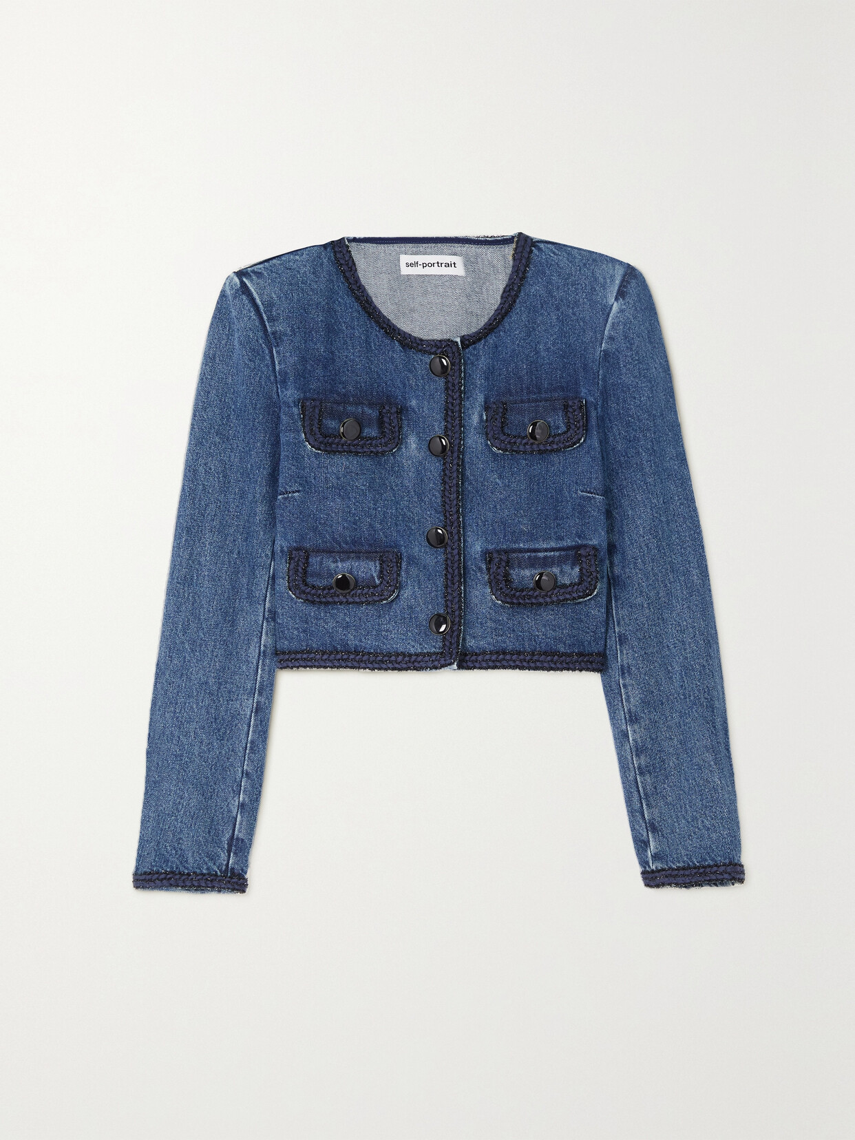 Self-Portrait - Embellished Cropped Denim Jacket - Blue