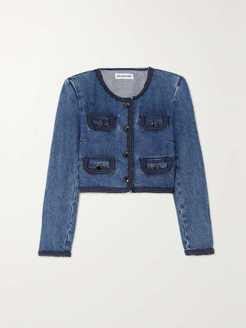 Self-Portrait Embellished Cropped Denim Jacket - UK 14