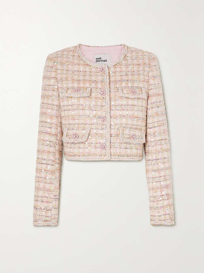 Self-Portrait Cropped Sequined Bouclé Jacket - UK 16
