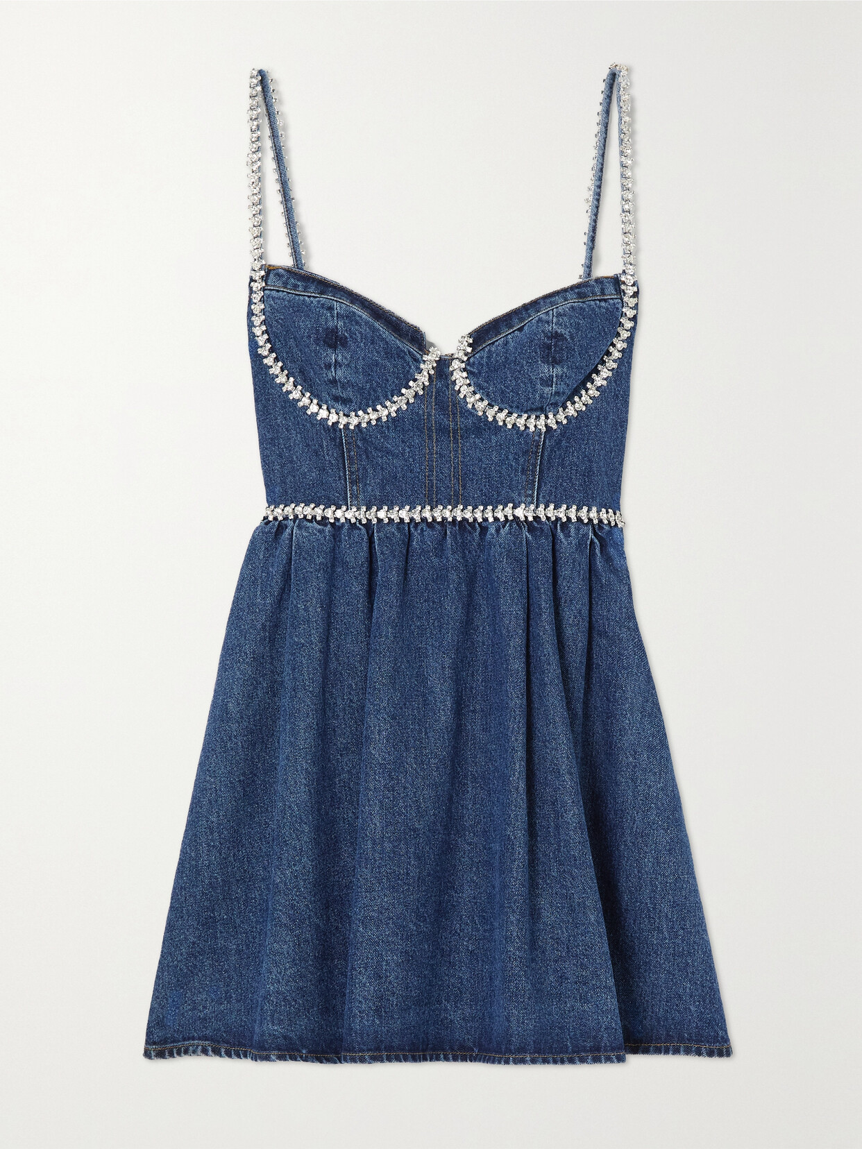 SELF-PORTRAIT CRYSTAL-EMBELLISHED DENIM MINI DRESS