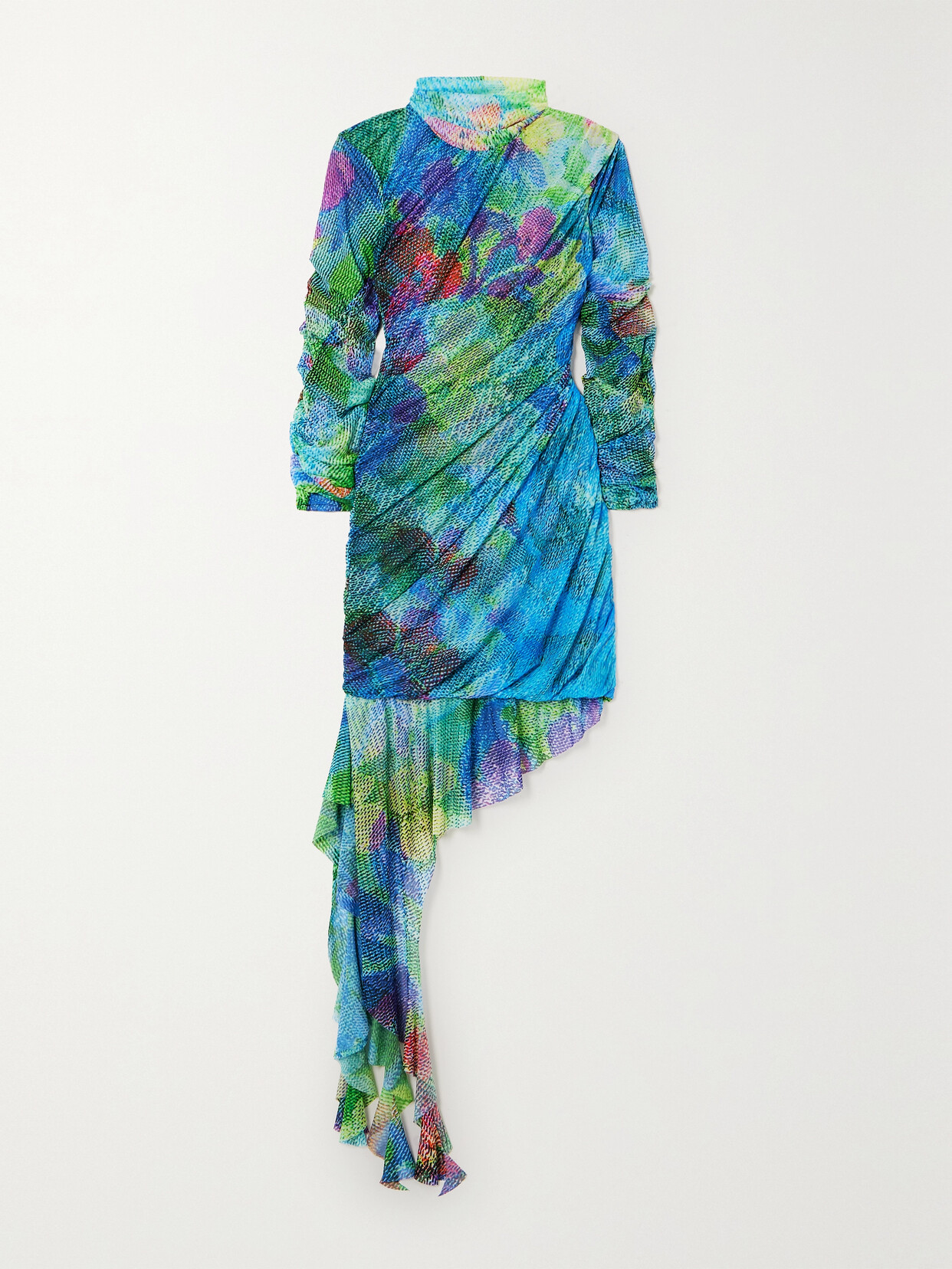 Marques' Almeida Asymmetric Printed Stretch Recycled-mesh Turtleneck Mini Dress In Blue