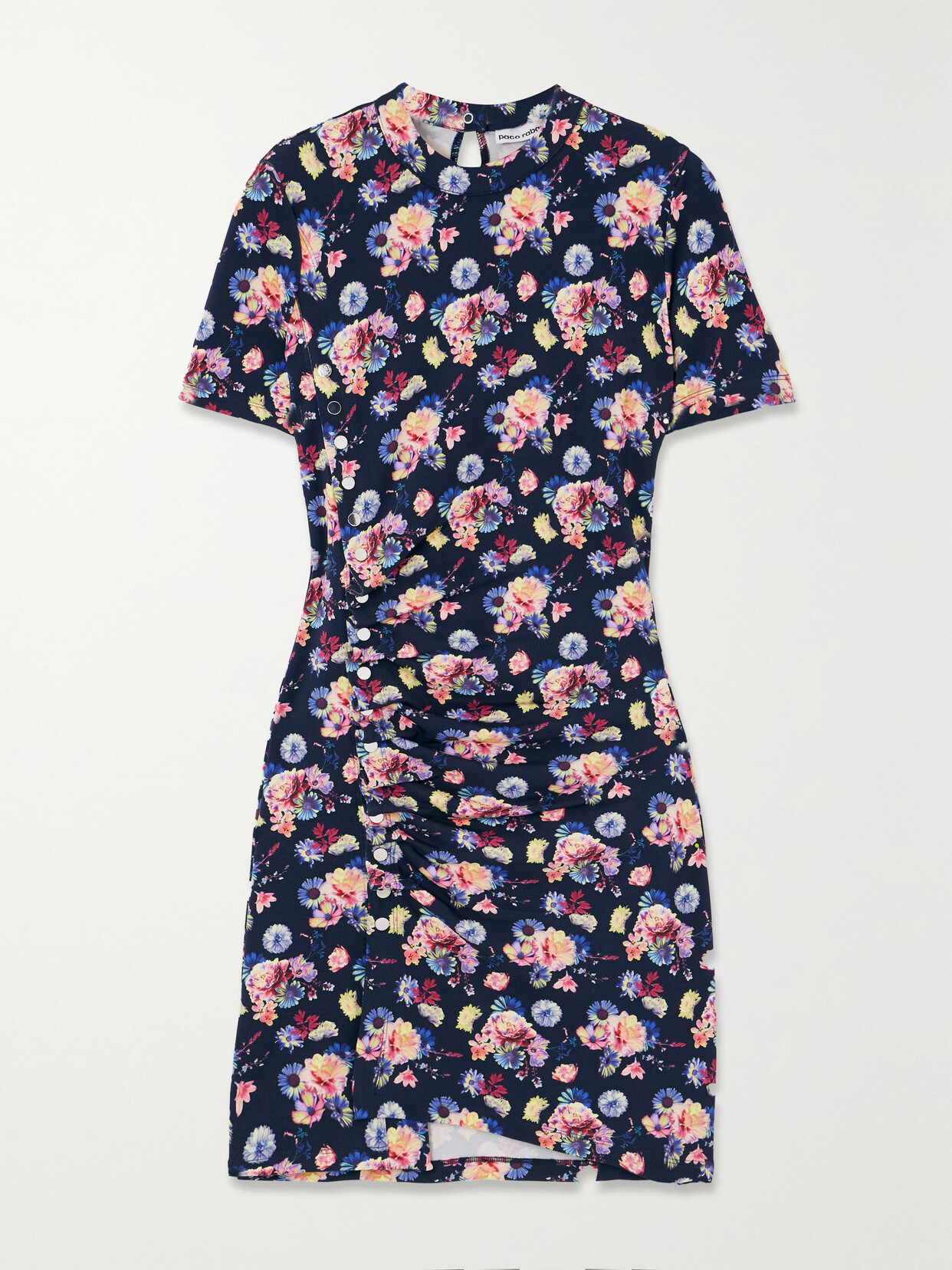 Rabanne Asymmetric Ruched Floral-print Stretch-jersey Mini Dress - Blue