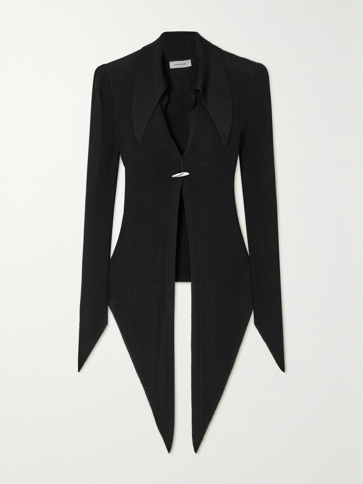 Grace Ling + Net Sustain Upcycled Embellished Asymmetric Ribbed-knit Cardigan - Black