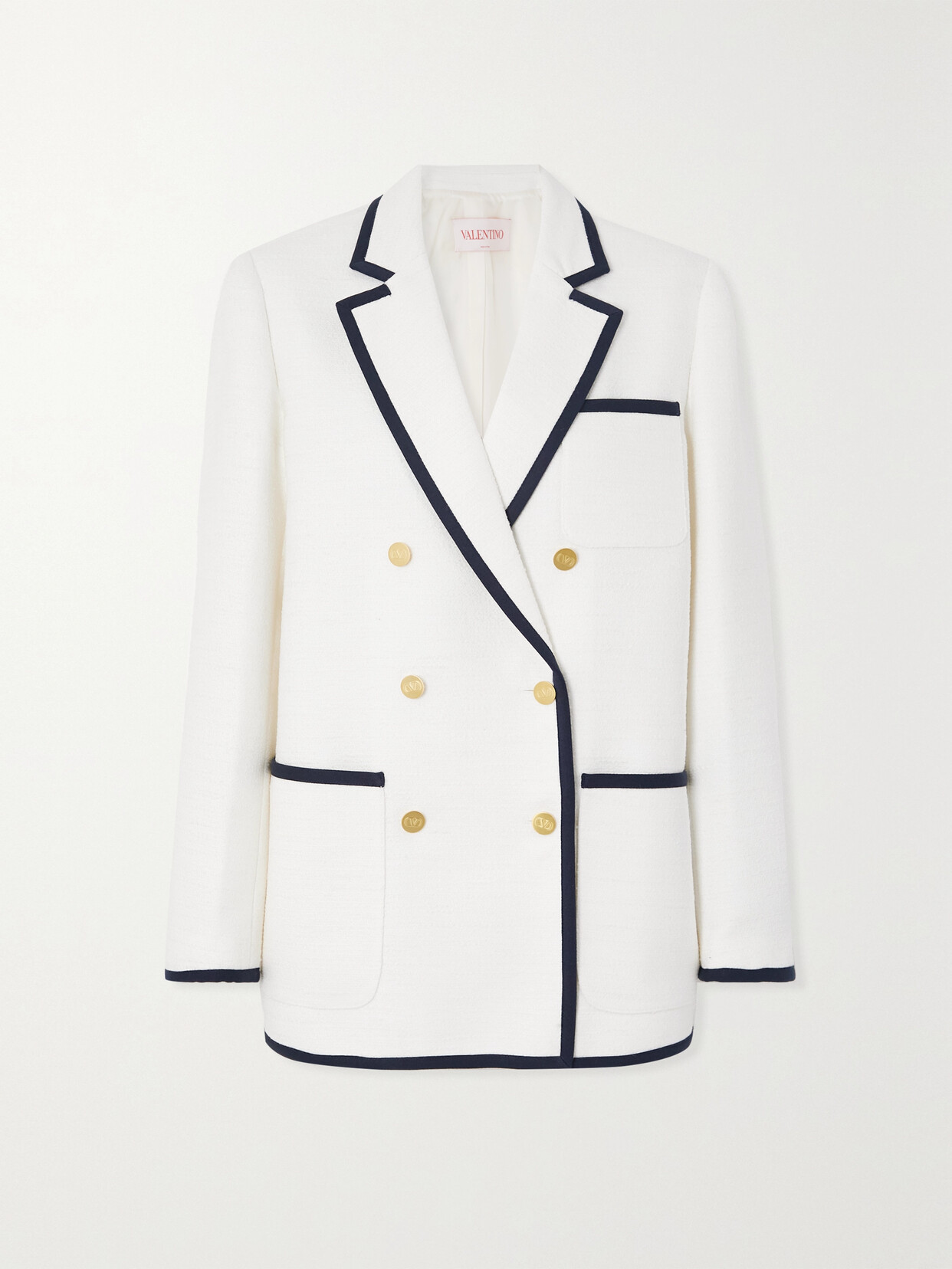 Shop Valentino Double-breasted Piped Tweed Blazer In White