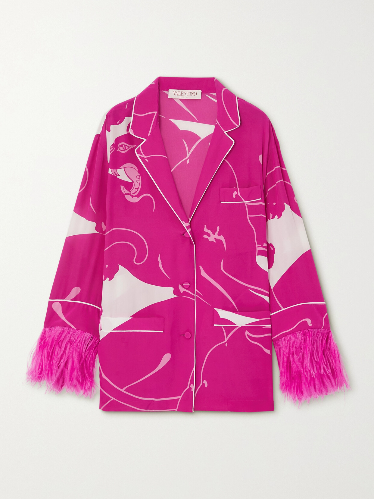 Valentino Feather-trimmed Printed Silk Crepe De Chine Shirt In Pink