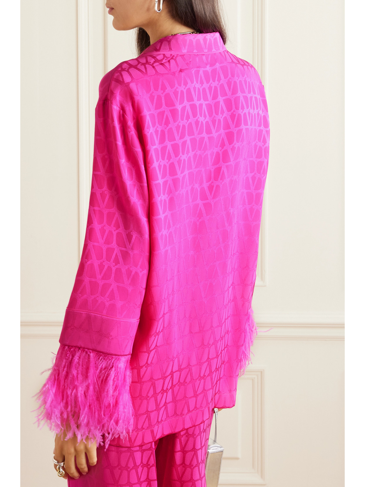 Garavani - Feather-Trimmed Silk-Jacquard Shirt