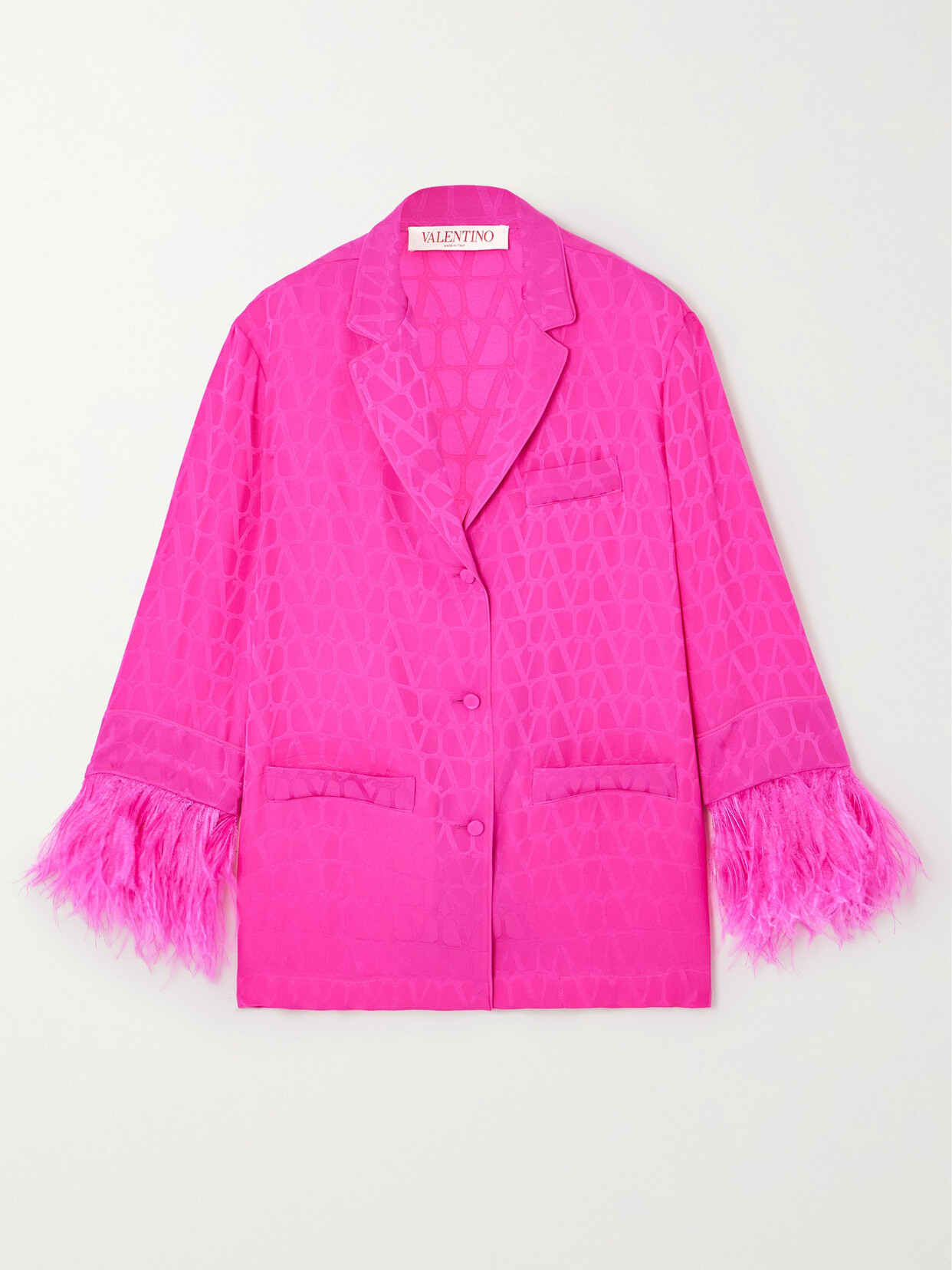 Valentino Feather-trimmed Silk-jacquard Shirt In Pink