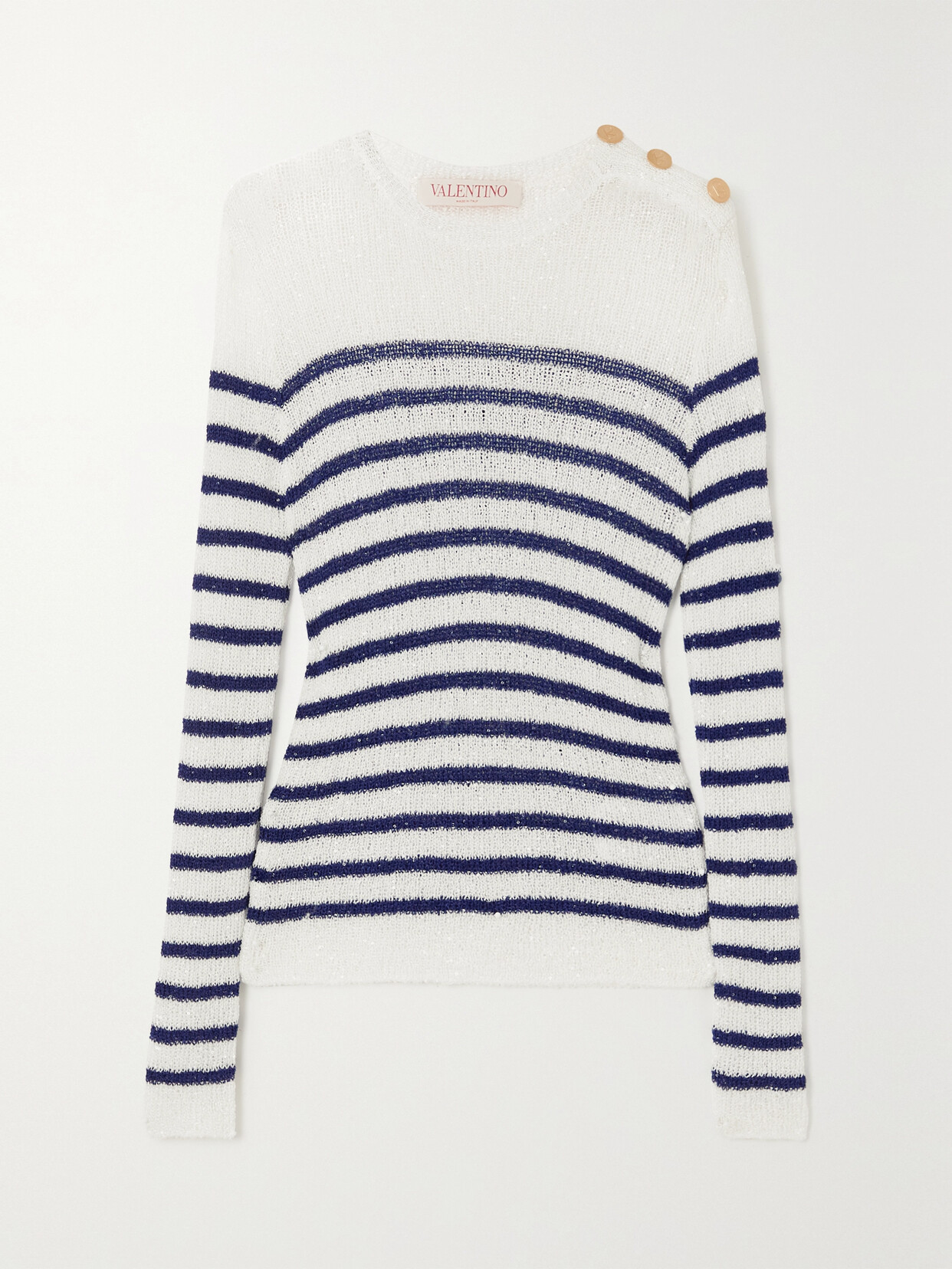Valentino Garavani Striped Embellished Open-knit Sweater - White