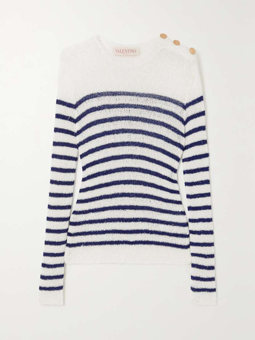 Valentino Garavani Striped Embellished Open-knit Sweater - x large