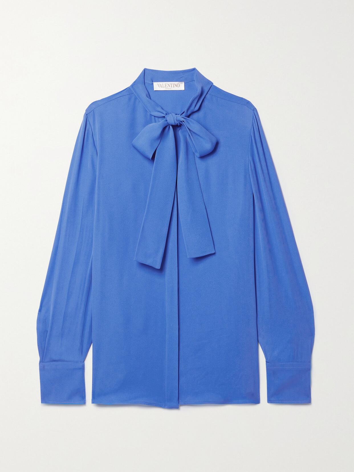 Shop Valentino Pussy-bow Silk Shirt In Blue