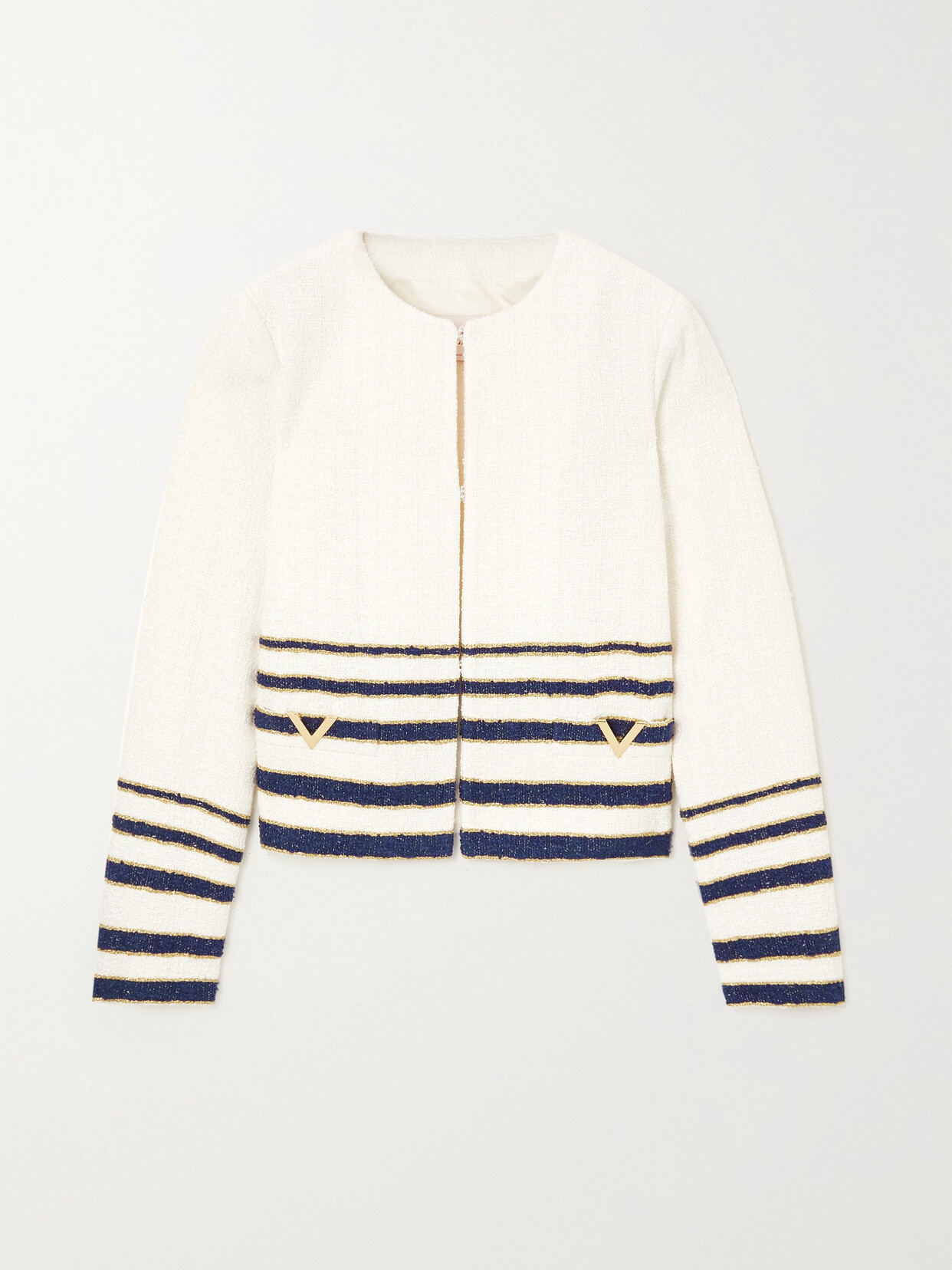 Valentino Garavani - Embellished Striped Bouclé Jacket - White