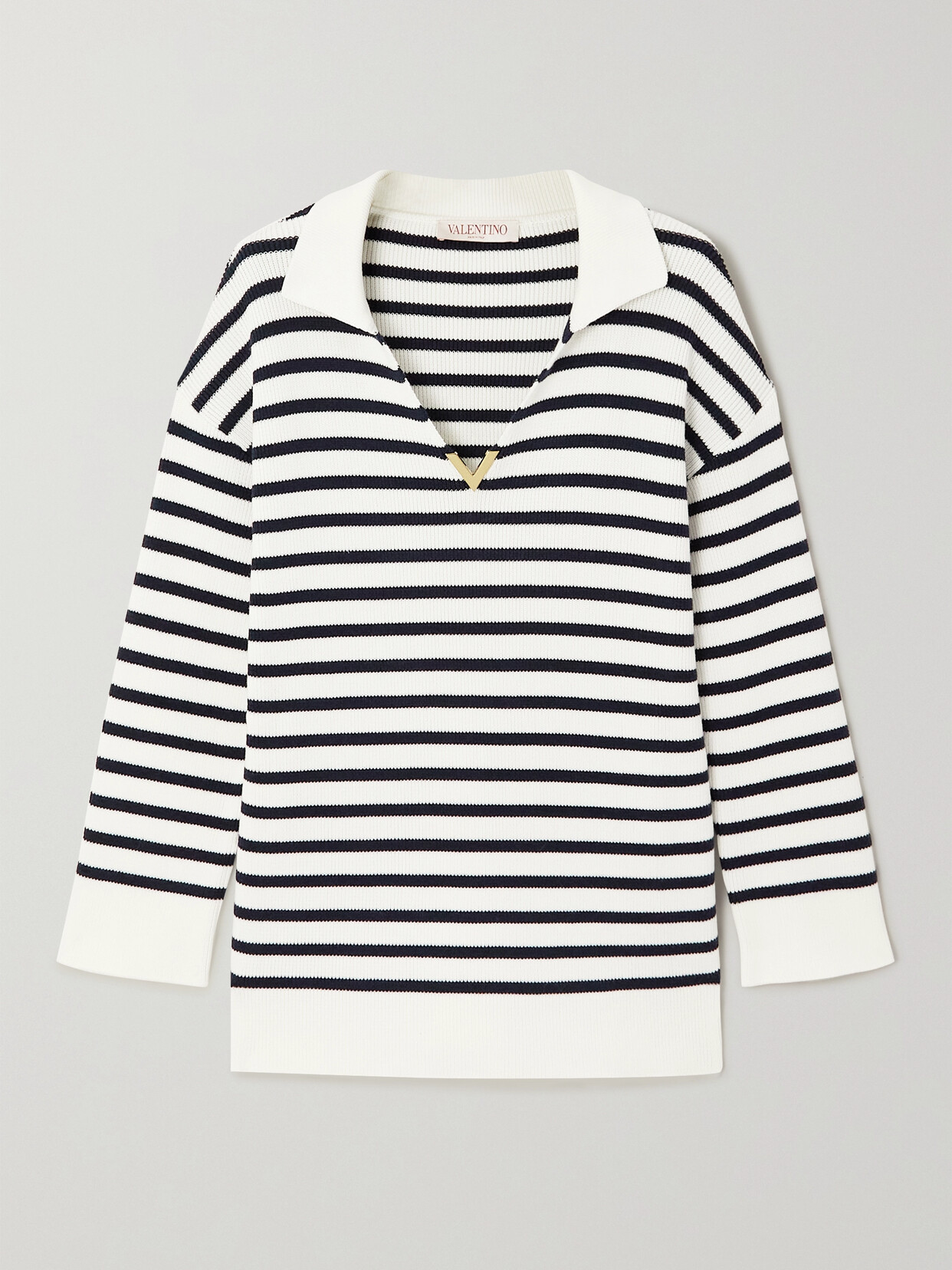 Shop Valentino Embellished Striped Cotton Sweater In White