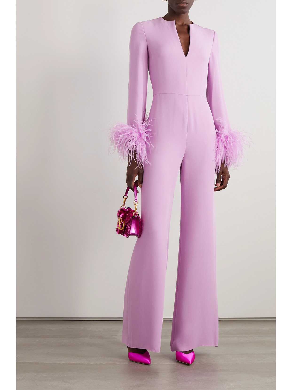 Shop Valentino Feather-trimmed Silk-cady Jumpsuit In Pink