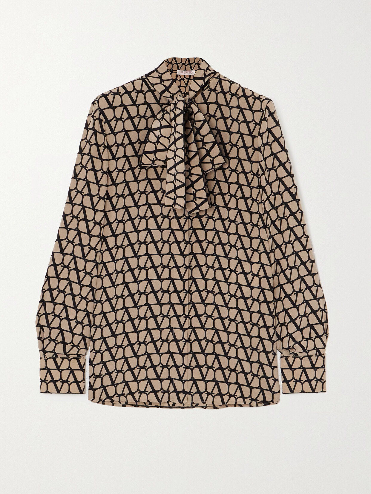 Valentino Pussy-bow Printed Silk Shirt In Neutrals