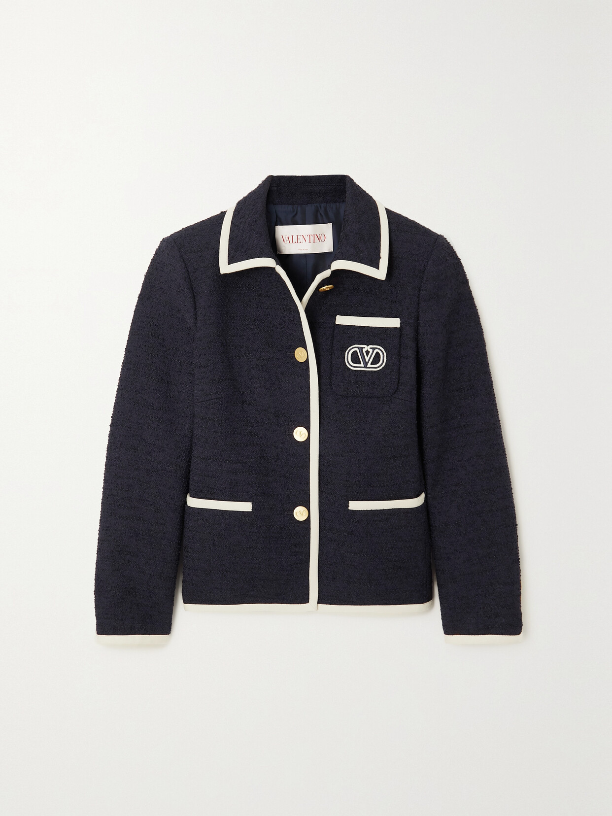 Shop Valentino Embroidered Piped Tweed Jacket In Blue