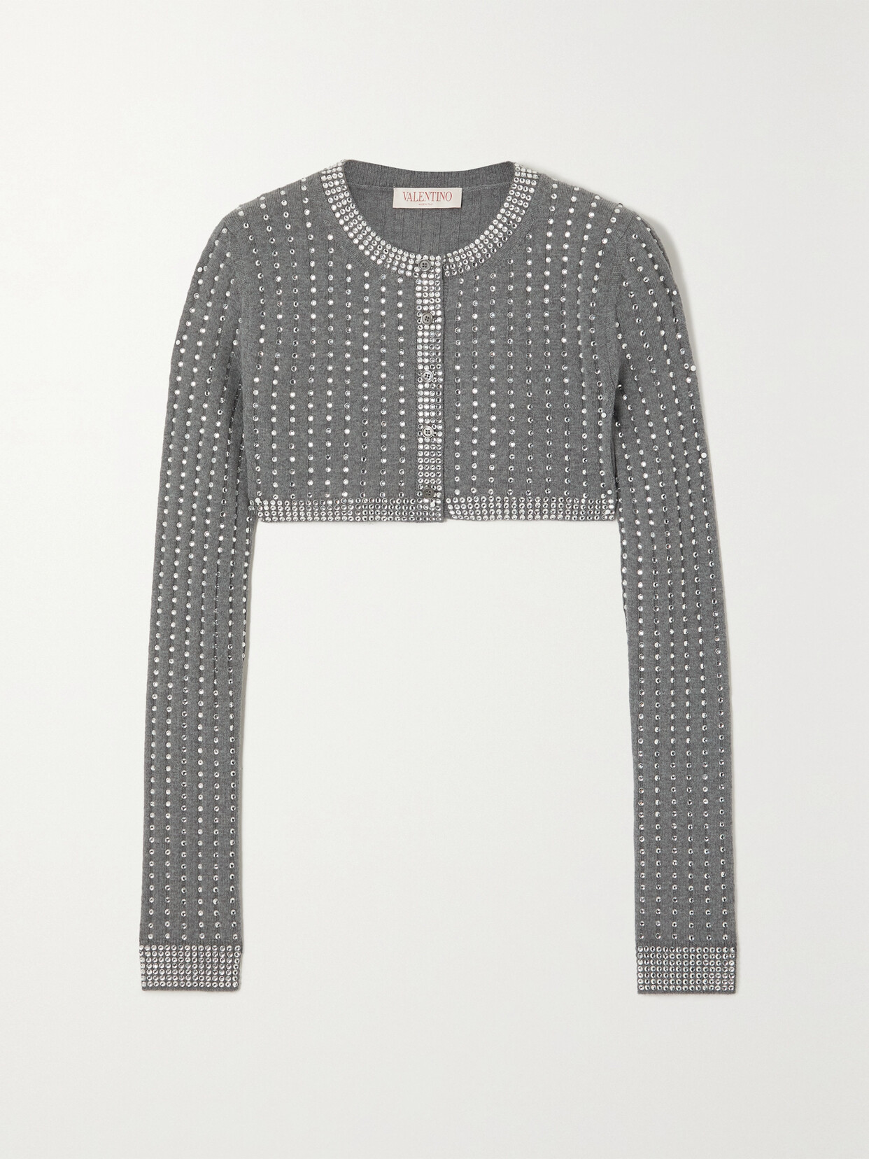 Valentino Cropped Crystal-embellished Ribbed Wool Cardigan In Gray
