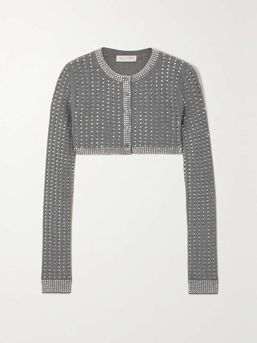 Valentino Garavani Cropped Crystal-embellished Ribbed Wool Cardigan