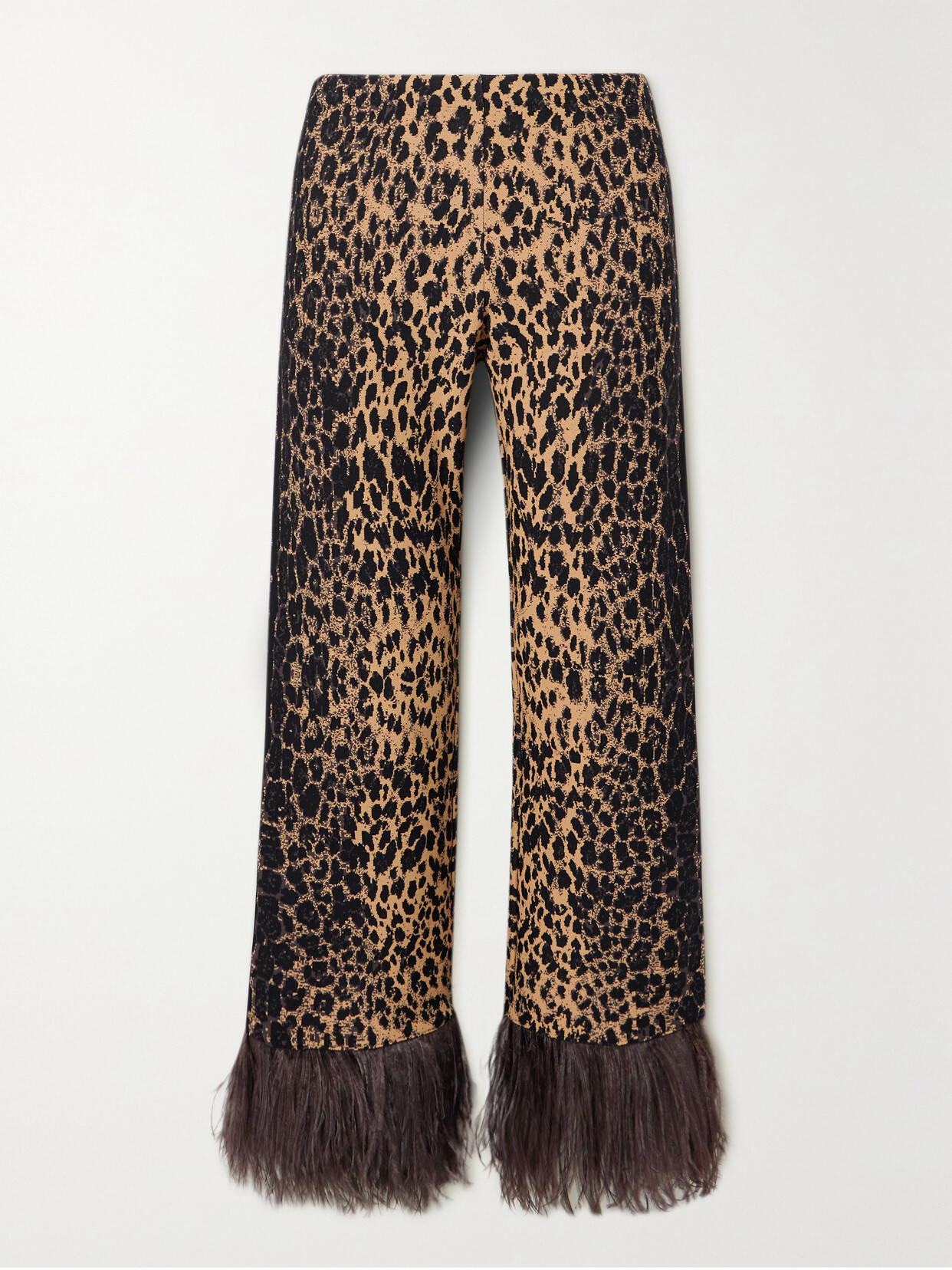 Valentino Garavani - Feather-trimmed Jacquard-knit Flared Pants - Brown