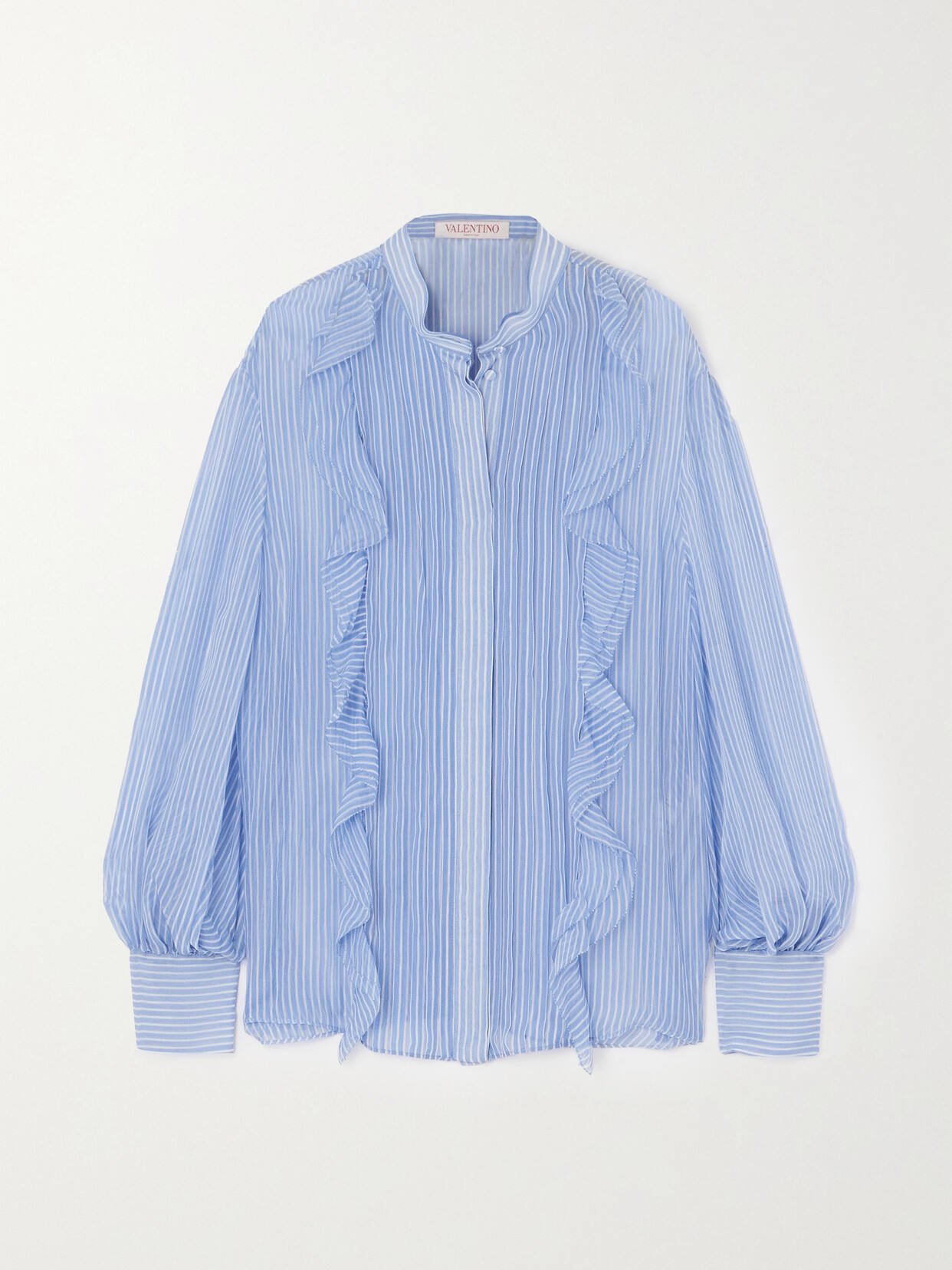 Shop Valentino Ruffled Striped Silk-chiffon Shirt In Blue